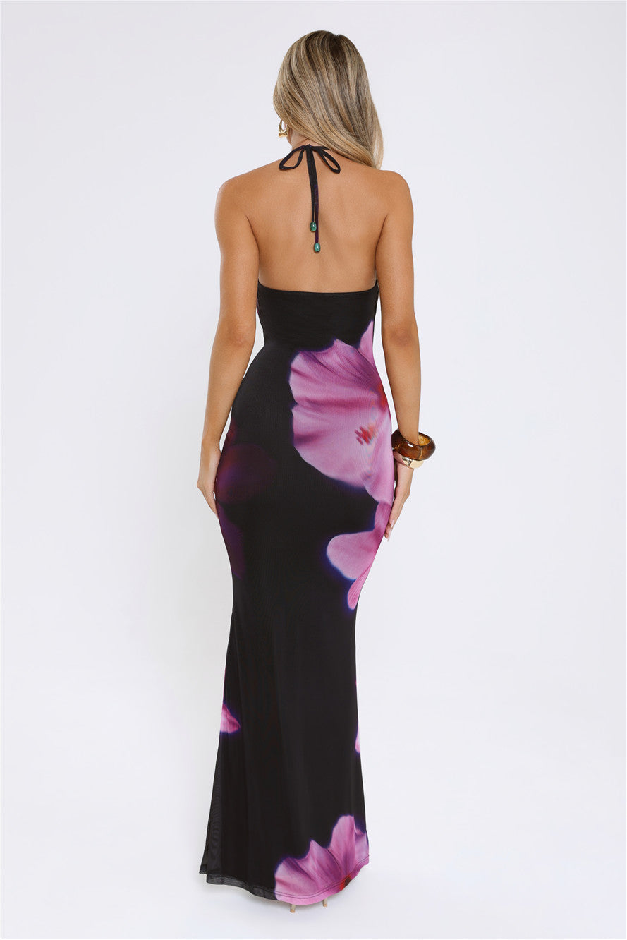 Midnight Blossoms Halter Maxi Dress Floral