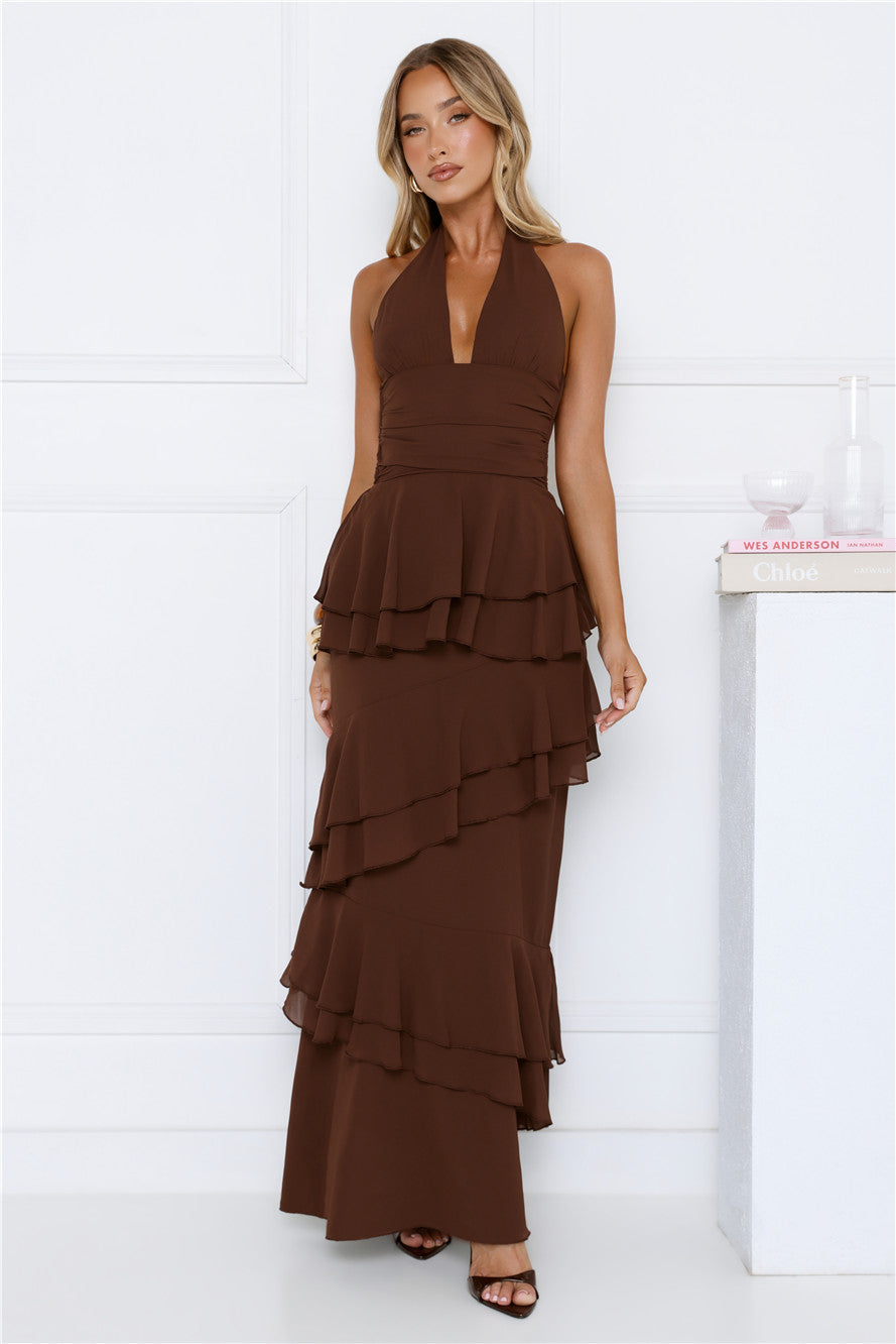 Power Glow Halter Maxi Dress Brown