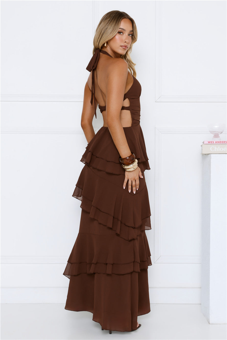 Power Glow Halter Maxi Dress Brown
