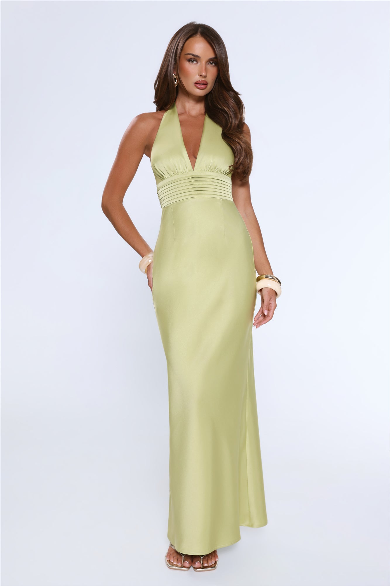 The Evening Standard Halter Satin Maxi Dress Green
