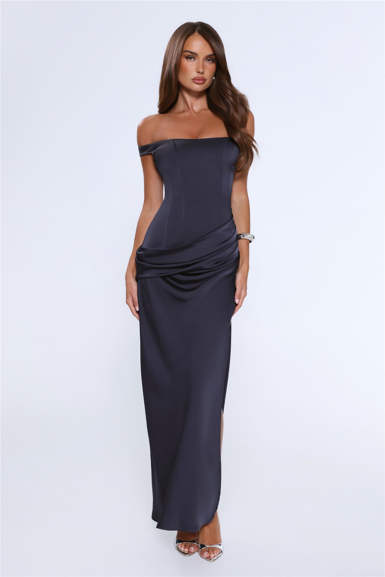 The After Party Off Shoulder Satin Maxi Dress Navy