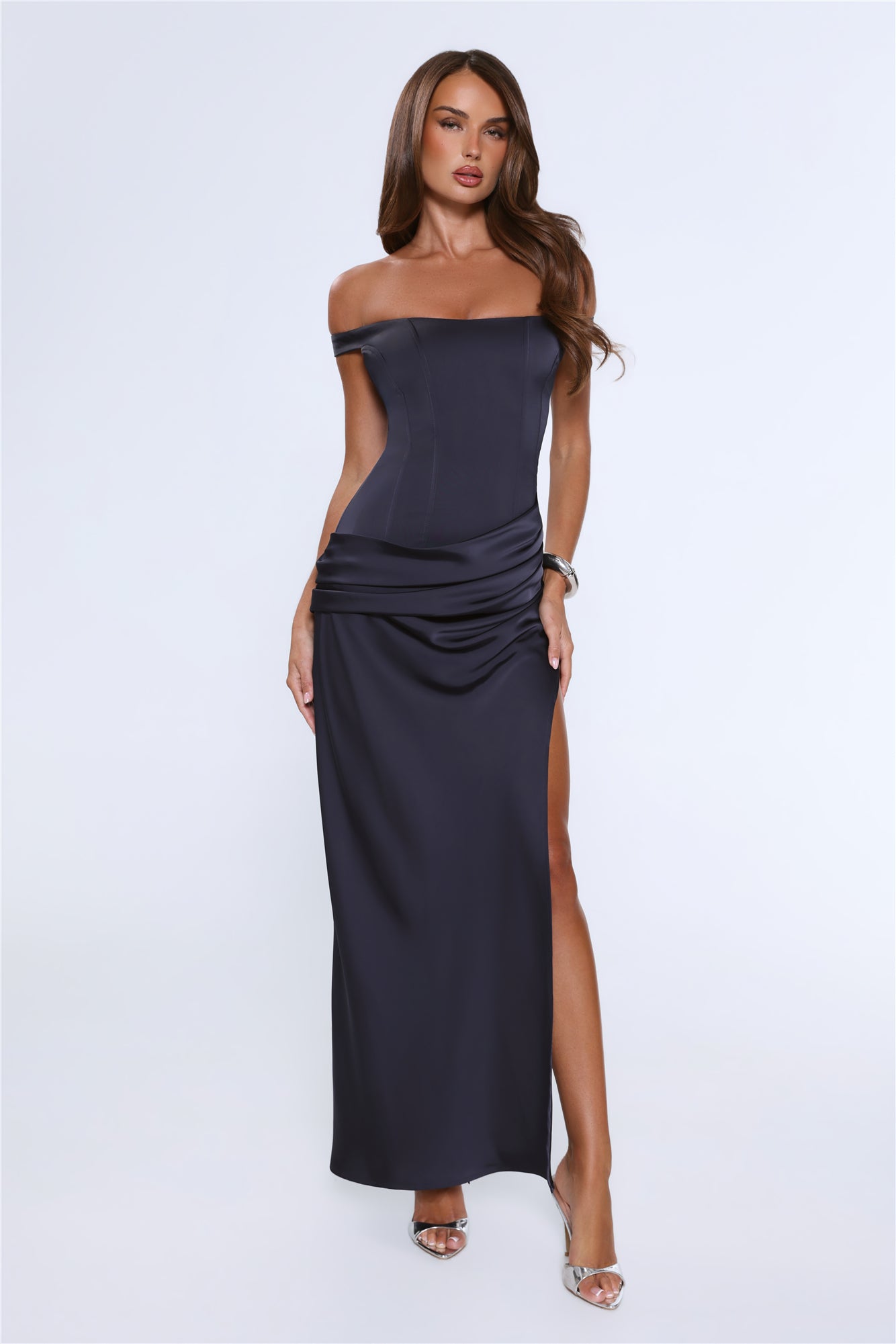 The After Party Off Shoulder Satin Maxi Dress Navy