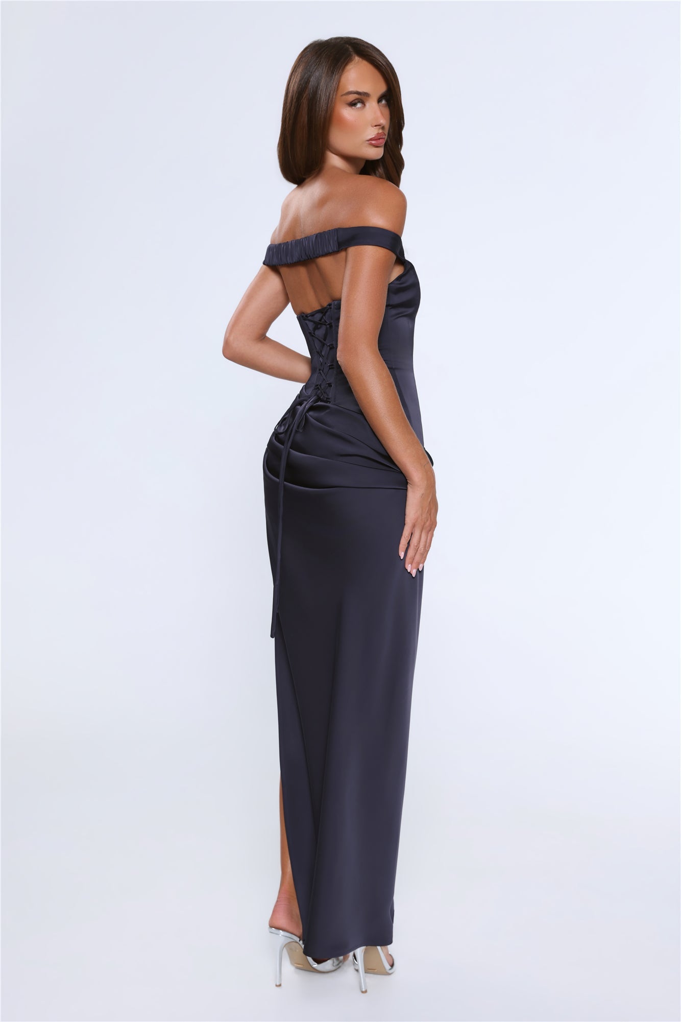 The After Party Off Shoulder Satin Maxi Dress Navy