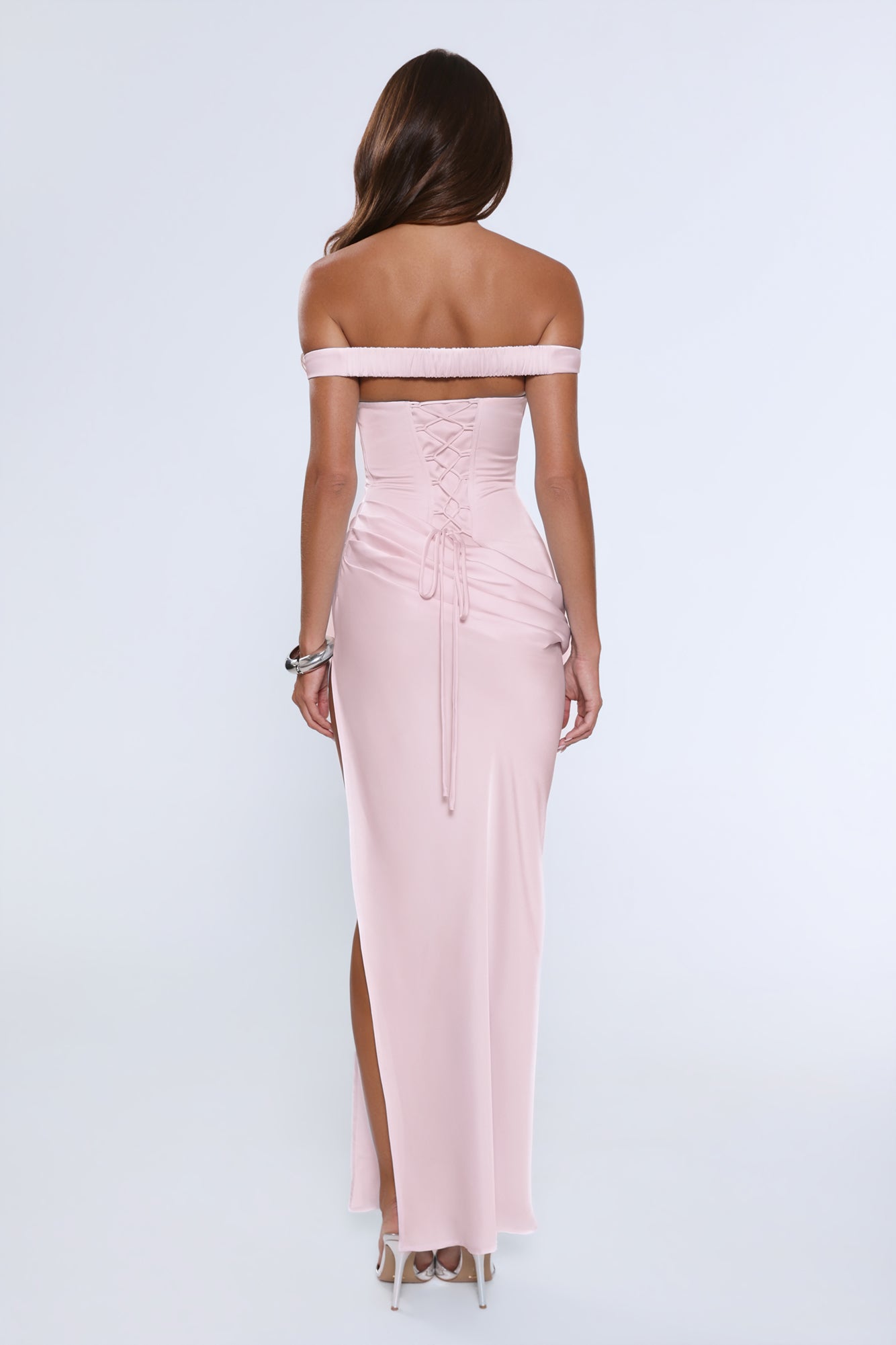 The After Party Off Shoulder Satin Maxi Dress Blush
