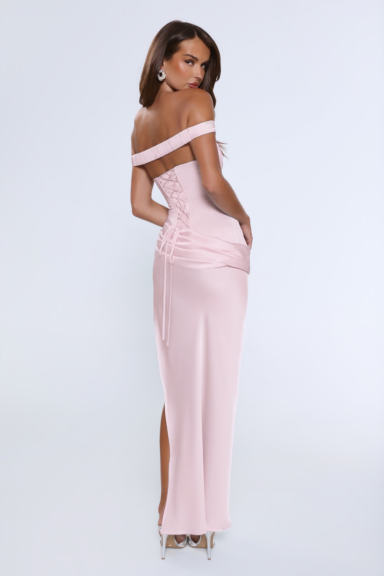 The After Party Off Shoulder Satin Maxi Dress Blush