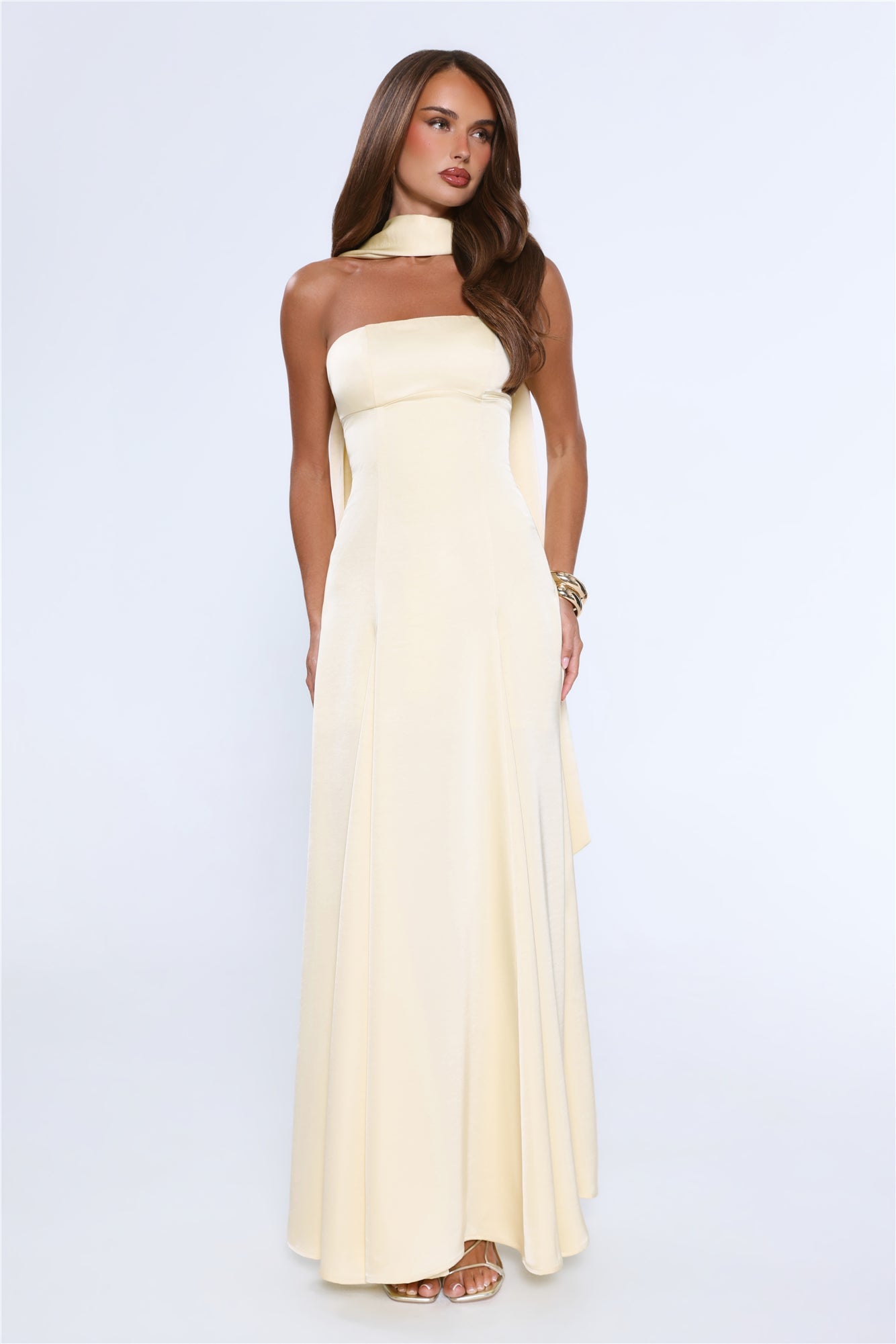 Satin Tempt Strapless Maxi Dress Lemon