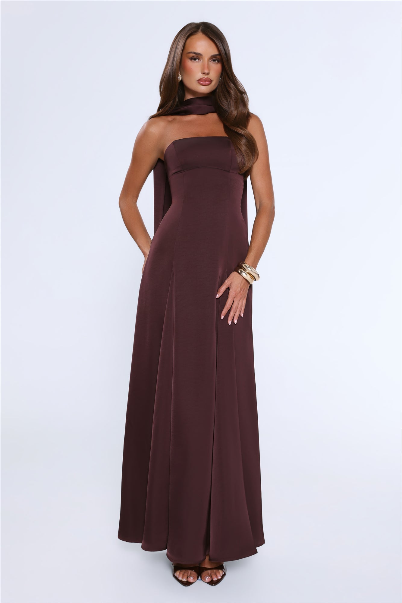 Satin Tempt Strapless Maxi Dress Chocolate