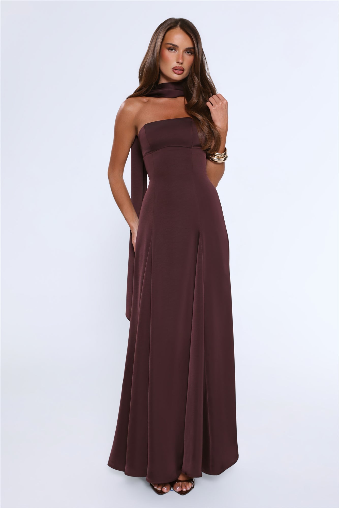 Satin Tempt Strapless Maxi Dress Chocolate