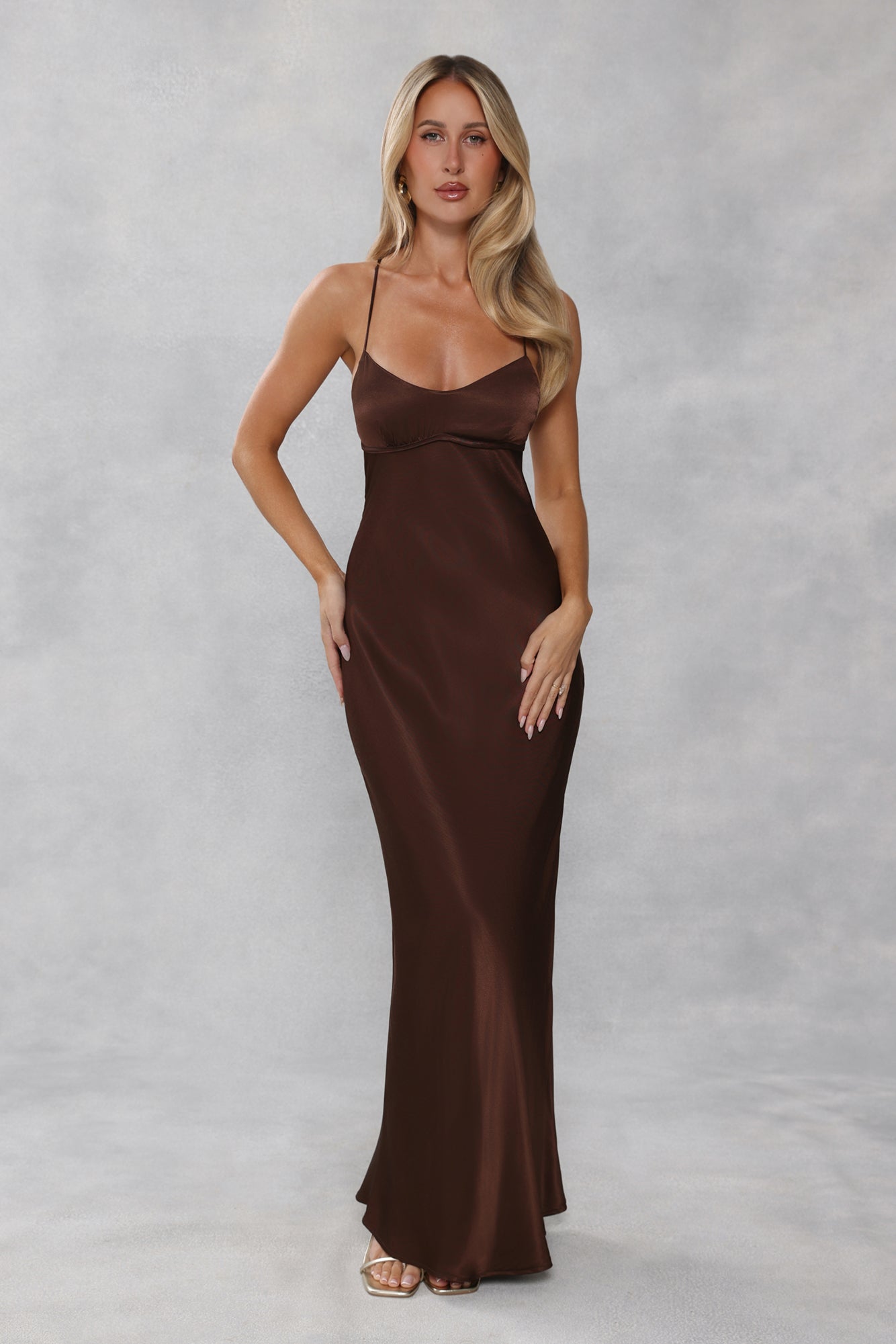 The Samara Satin Maxi Dress Chocolate Brown