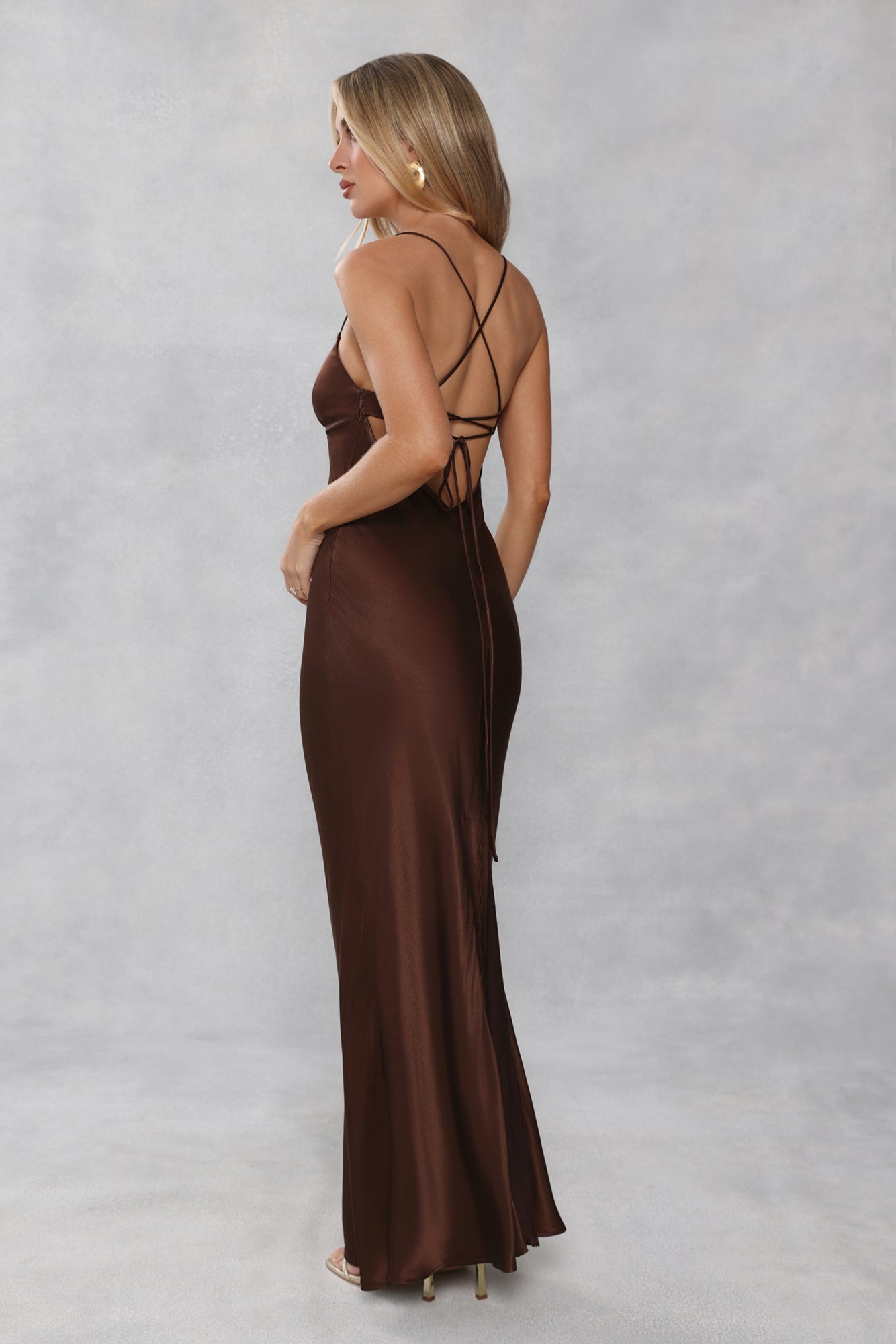 The Samara Satin Maxi Dress Chocolate Brown