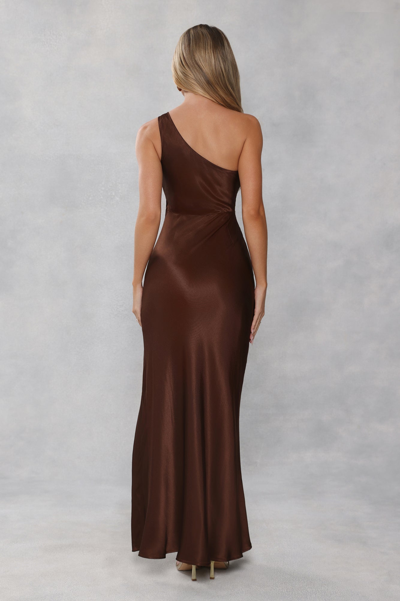 The Aurora One Shoulder Satin Maxi Dress Chocolate Brown