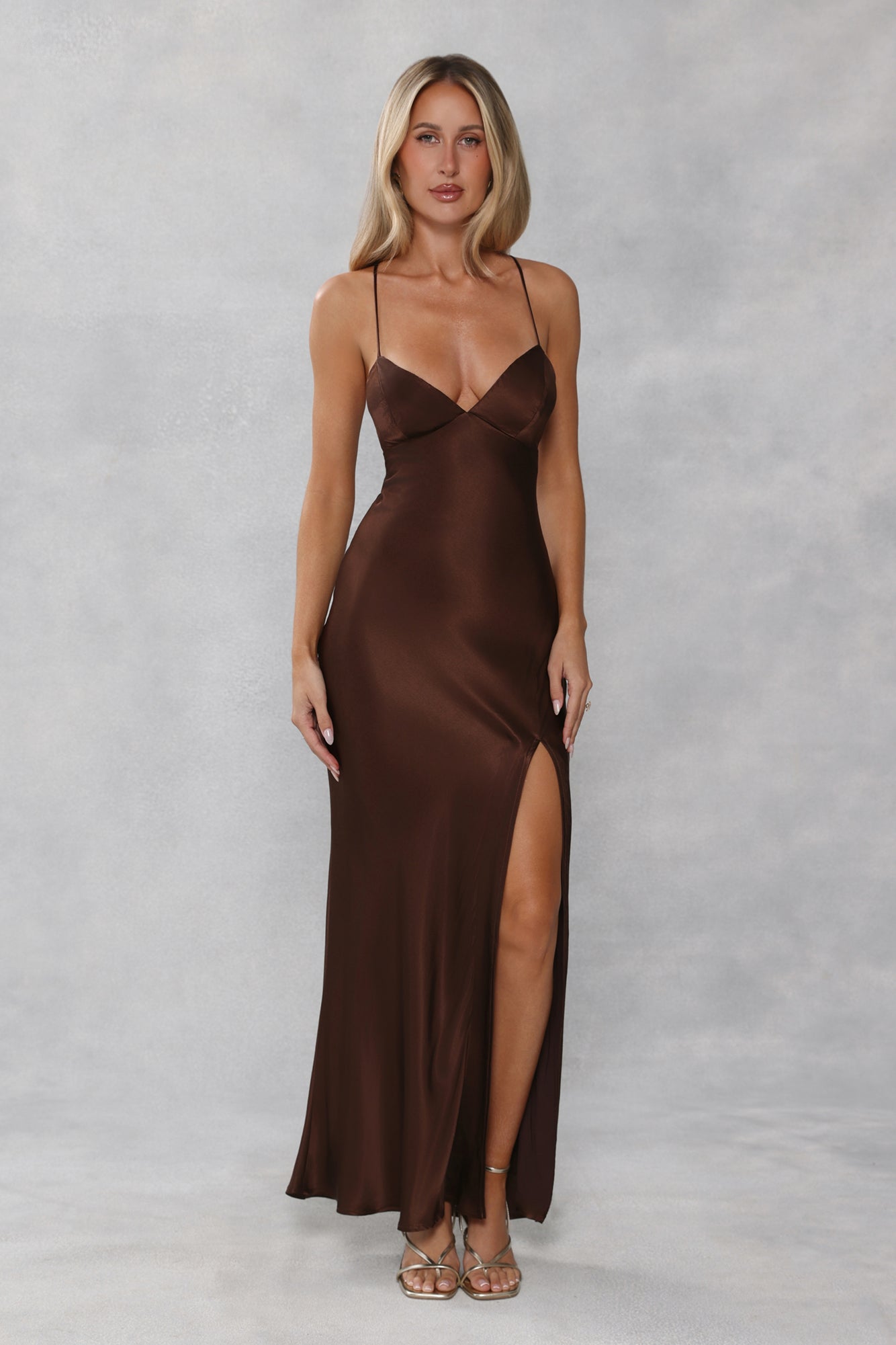 The Sophia Satin Maxi Dress Chocolate Brown