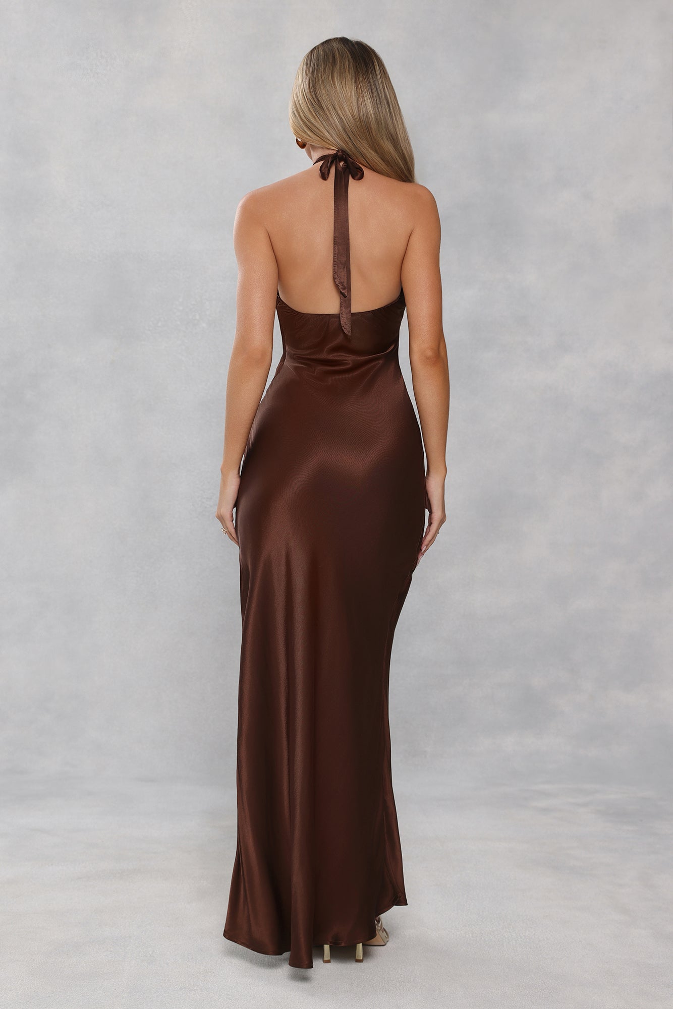 The Delilah Satin Halter Maxi Dress Chocolate Brown