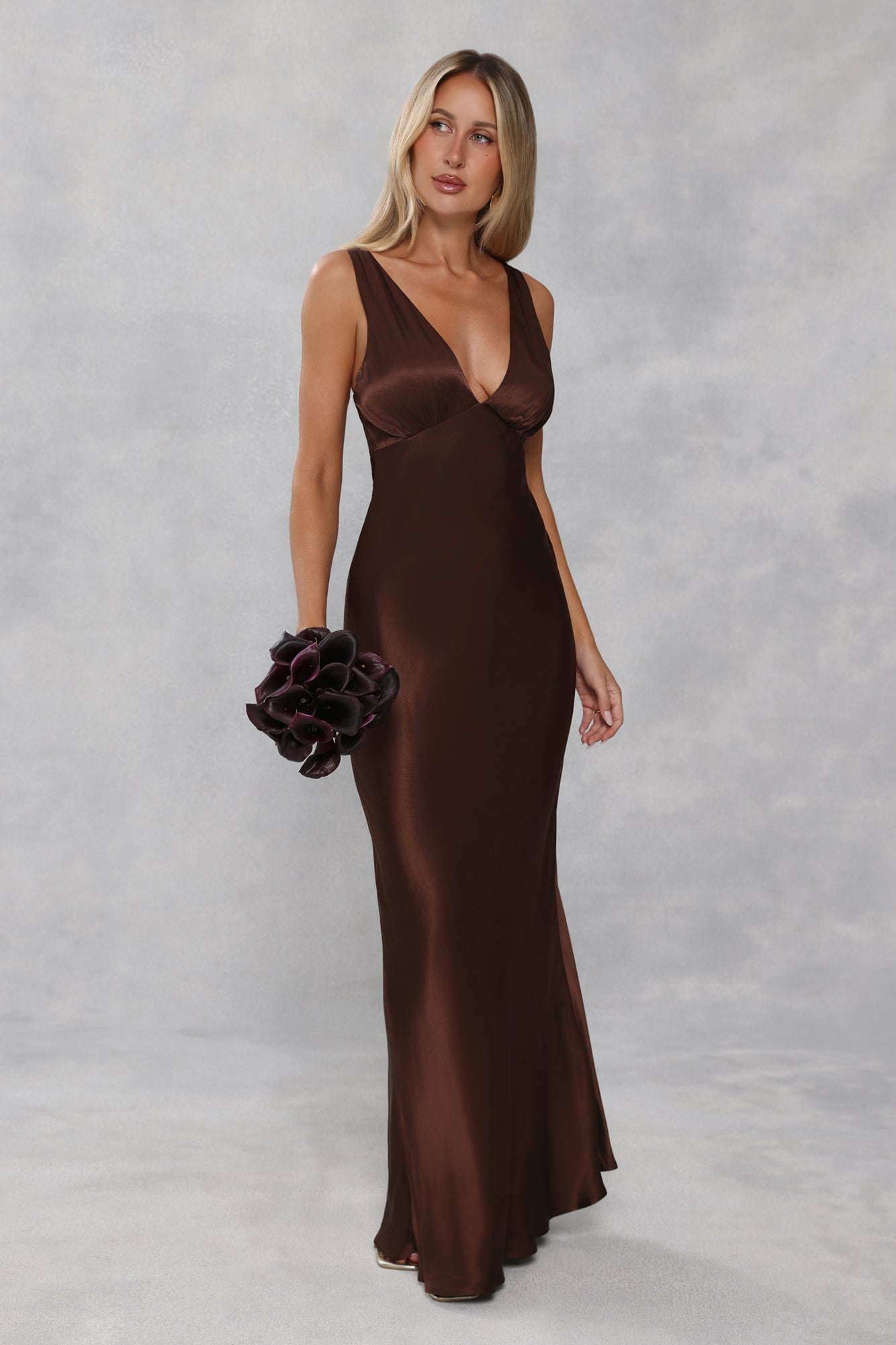 The Isabeau Satin Maxi Dress Chocolate Brown