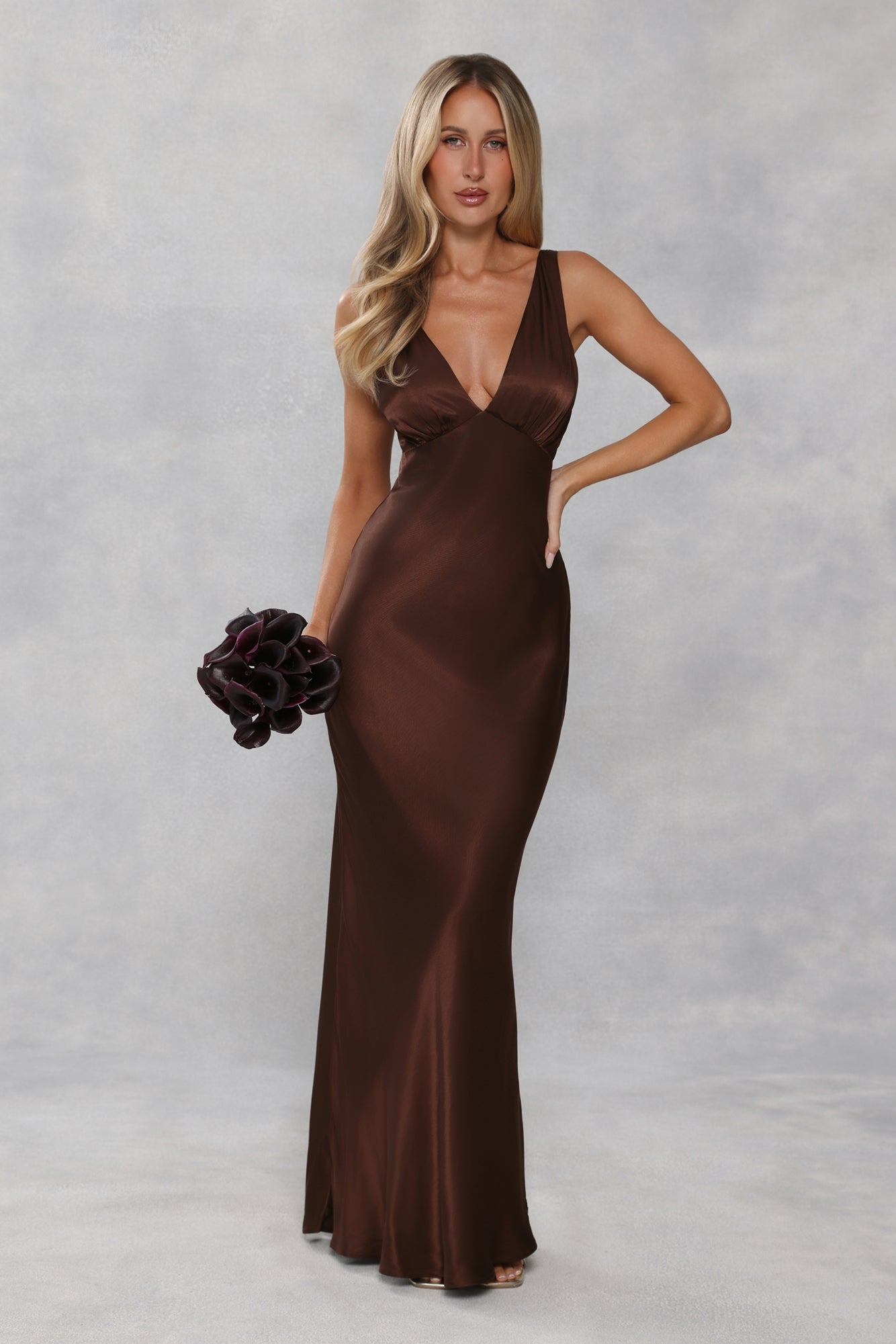 The Isabeau Satin Maxi Dress Chocolate Brown