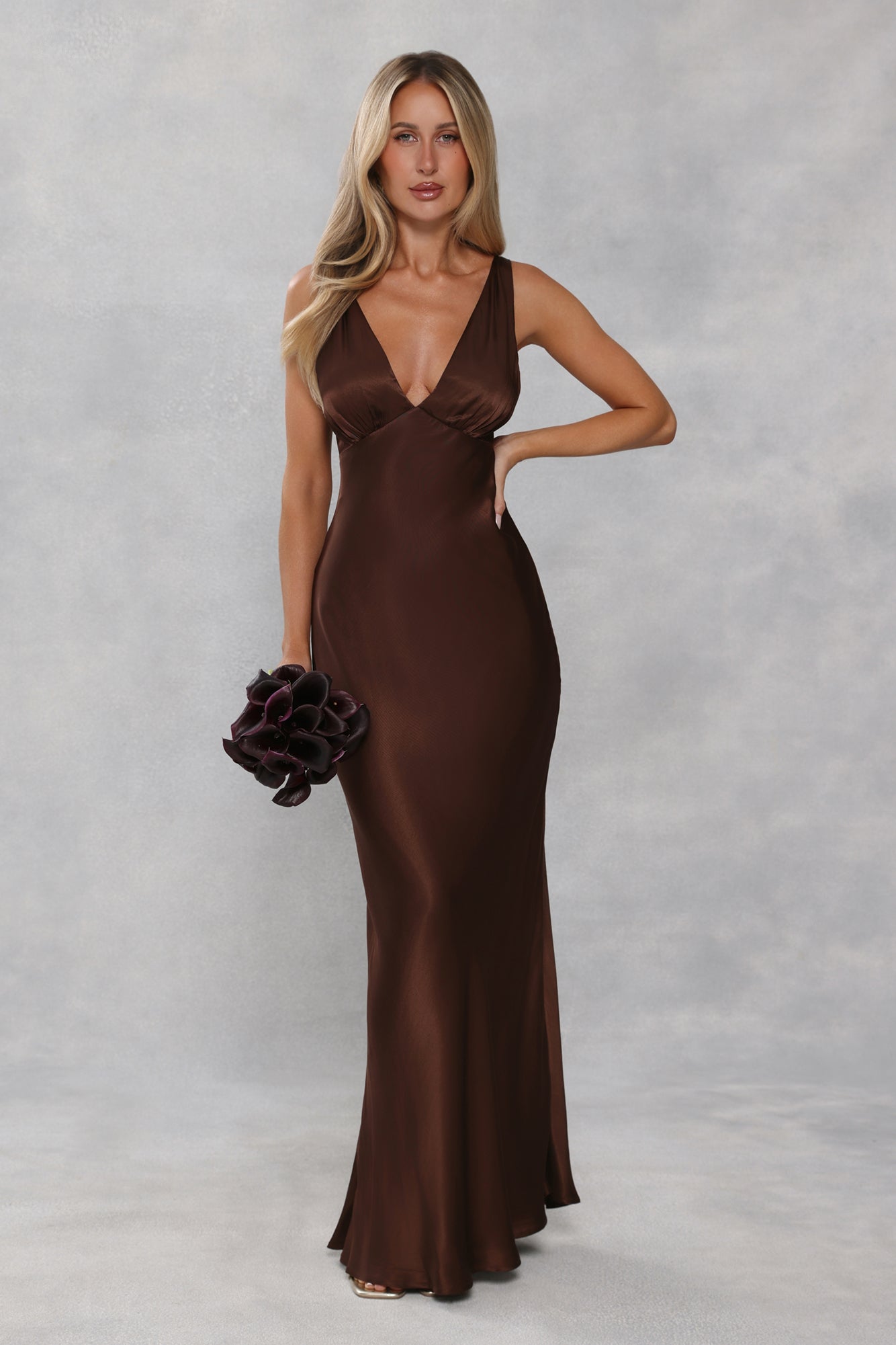 The Isabeau Satin Maxi Dress Chocolate Brown