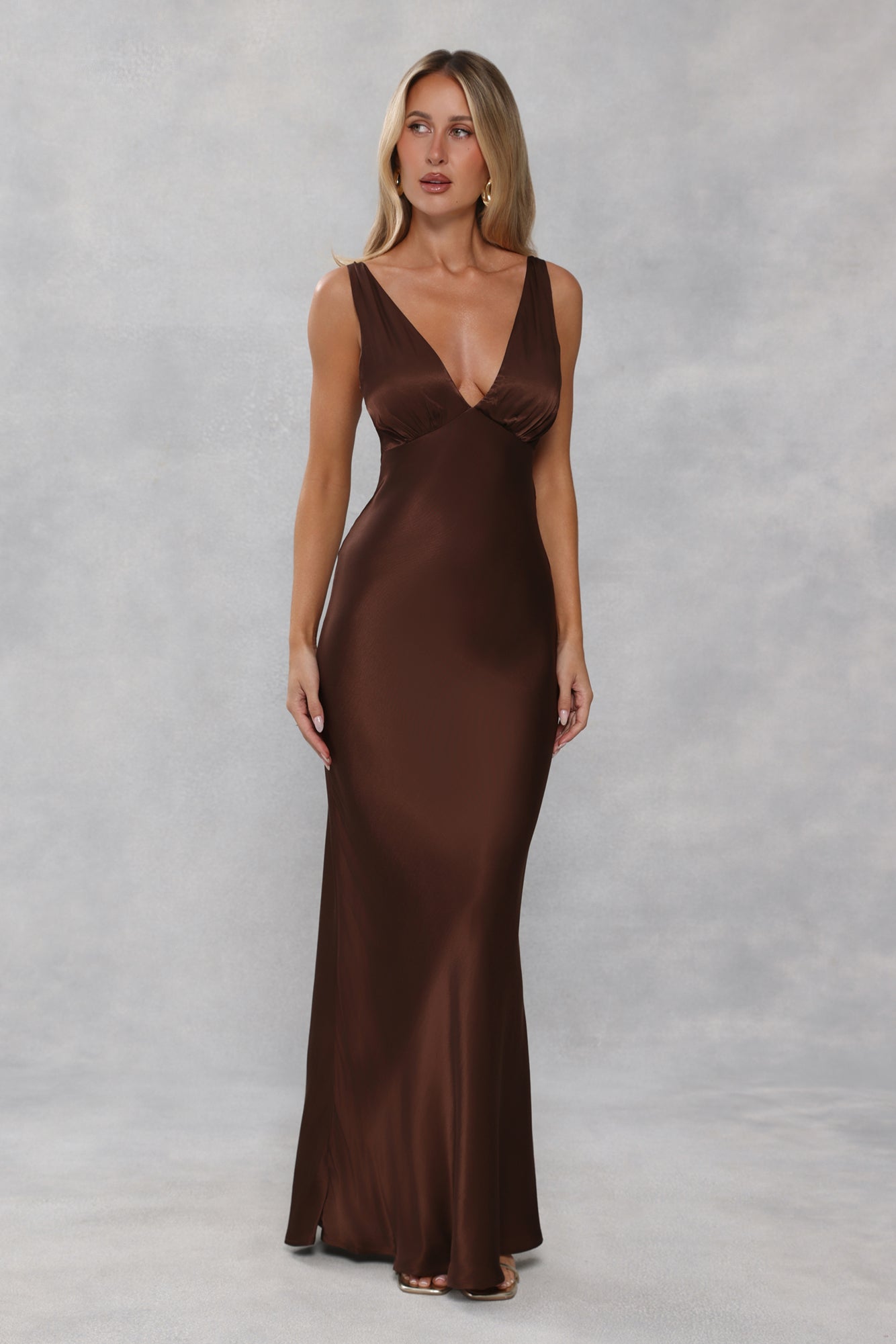 The Isabeau Satin Maxi Dress Chocolate Brown
