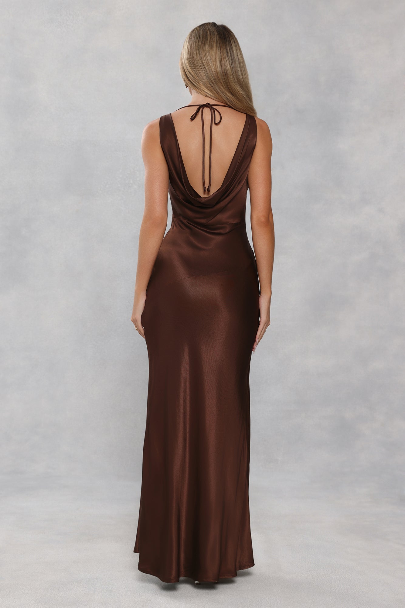 The Loretta Cowl Satin Maxi Dress Chocolate Brown