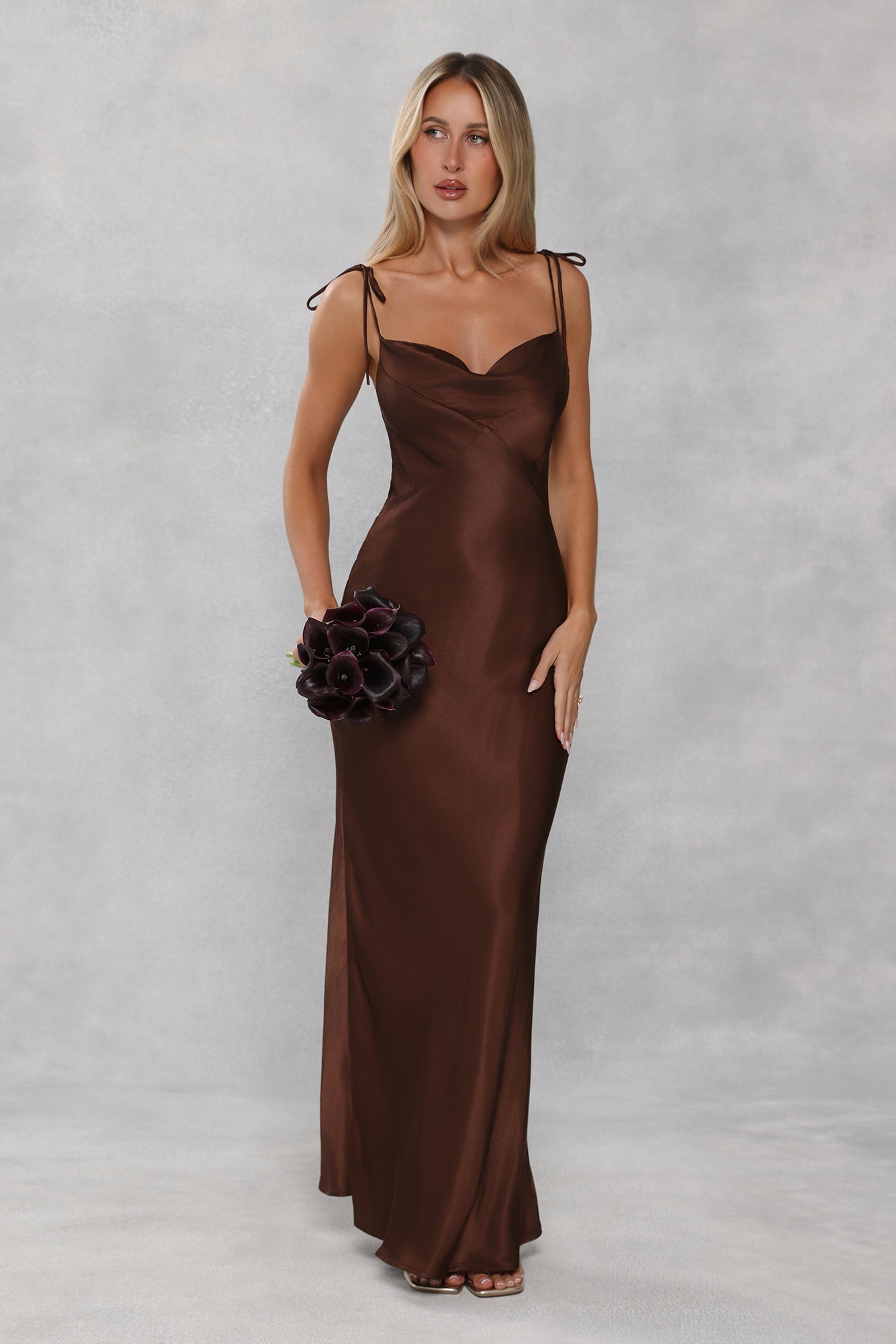 The Penelope Cowl Satin Maxi Dress Chocolate Brown