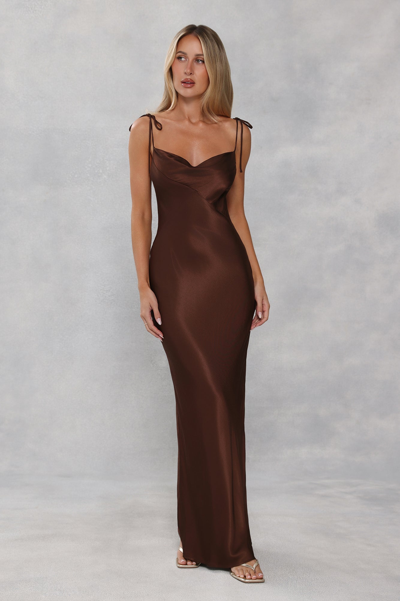 The Penelope Cowl Satin Maxi Dress Chocolate Brown