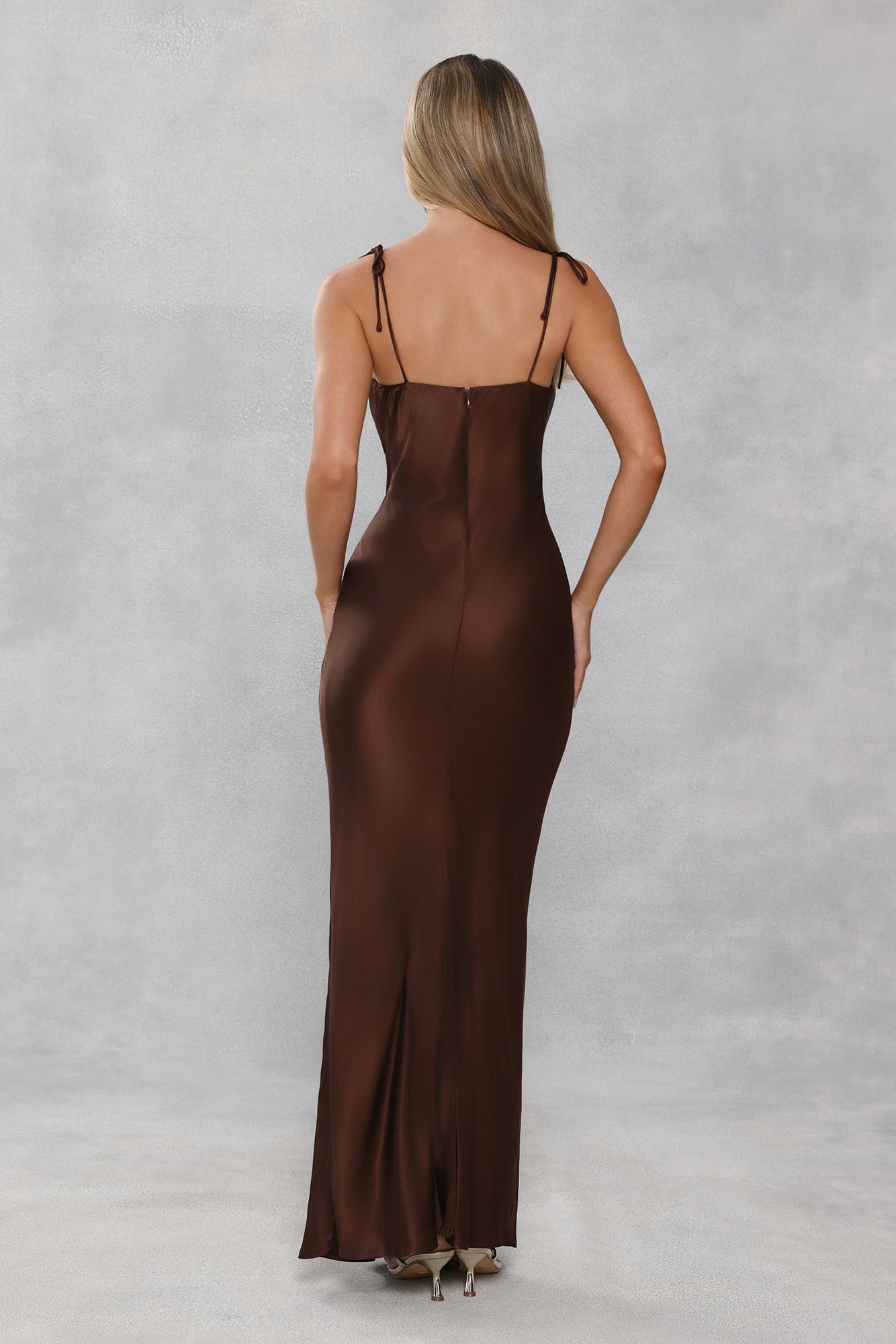 The Penelope Cowl Satin Maxi Dress Chocolate Brown