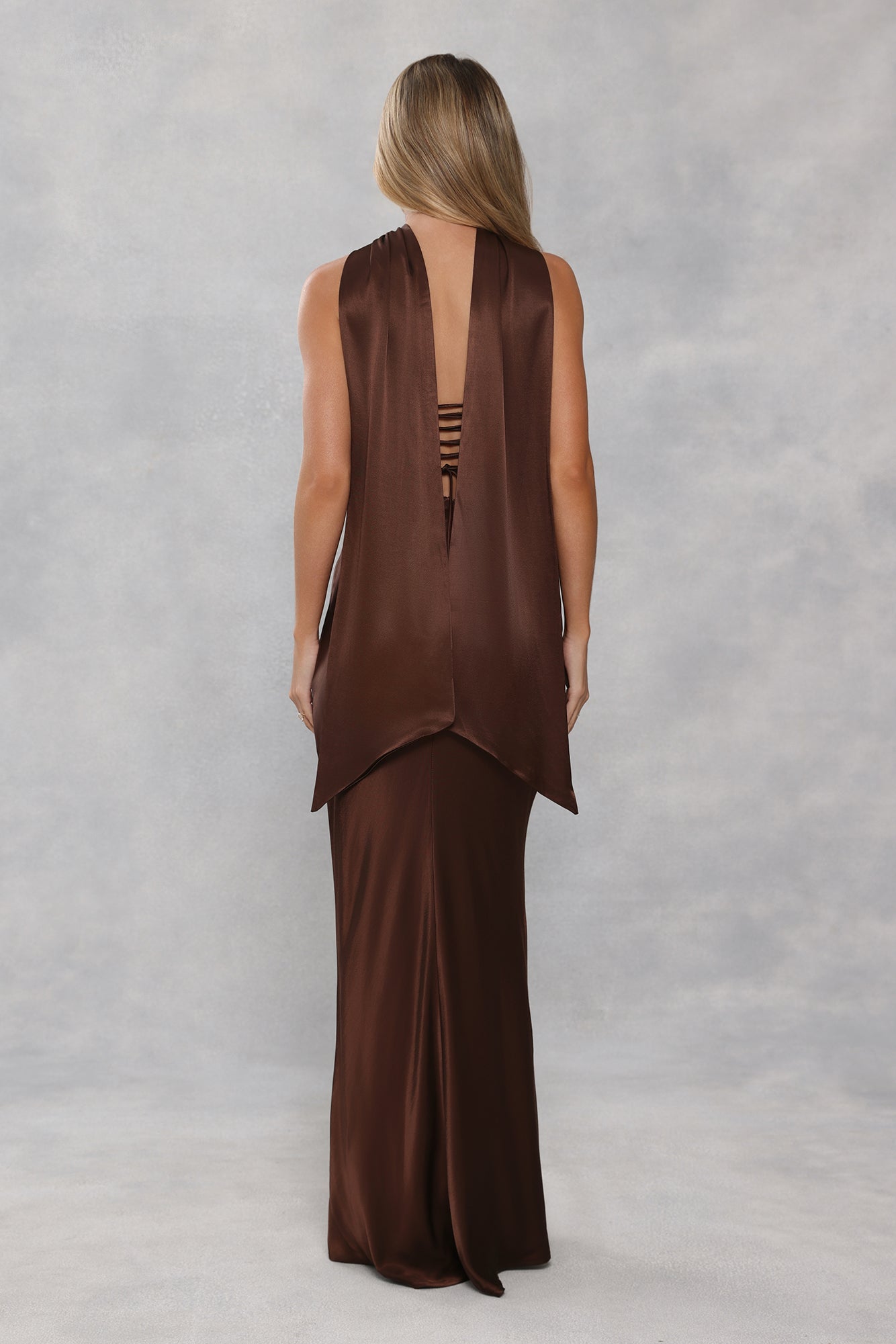 The Seraphina Strapless Satin Maxi Dress Chocolate Brown