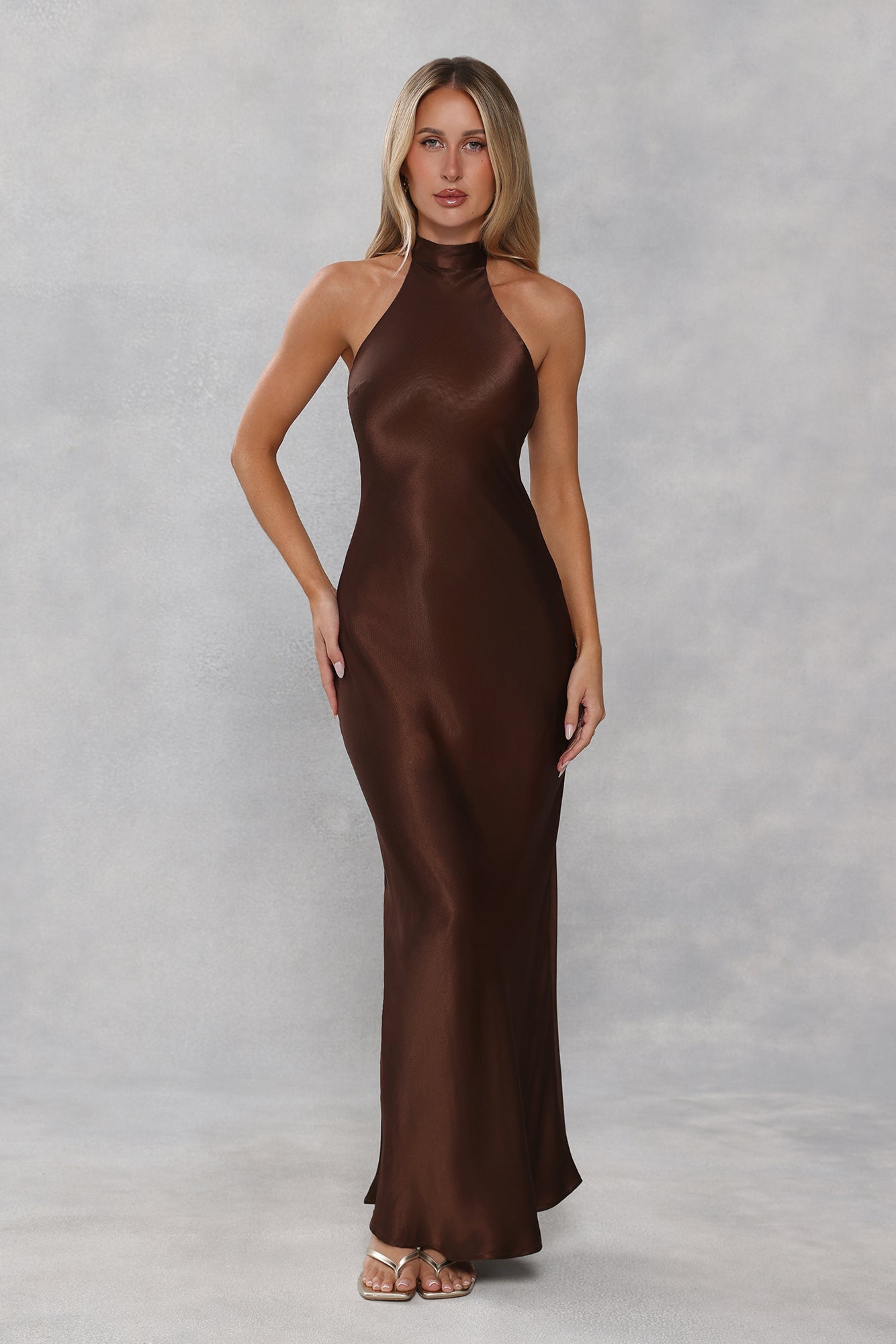 The Cleo Halter Satin Maxi Dress Chocolate Brown