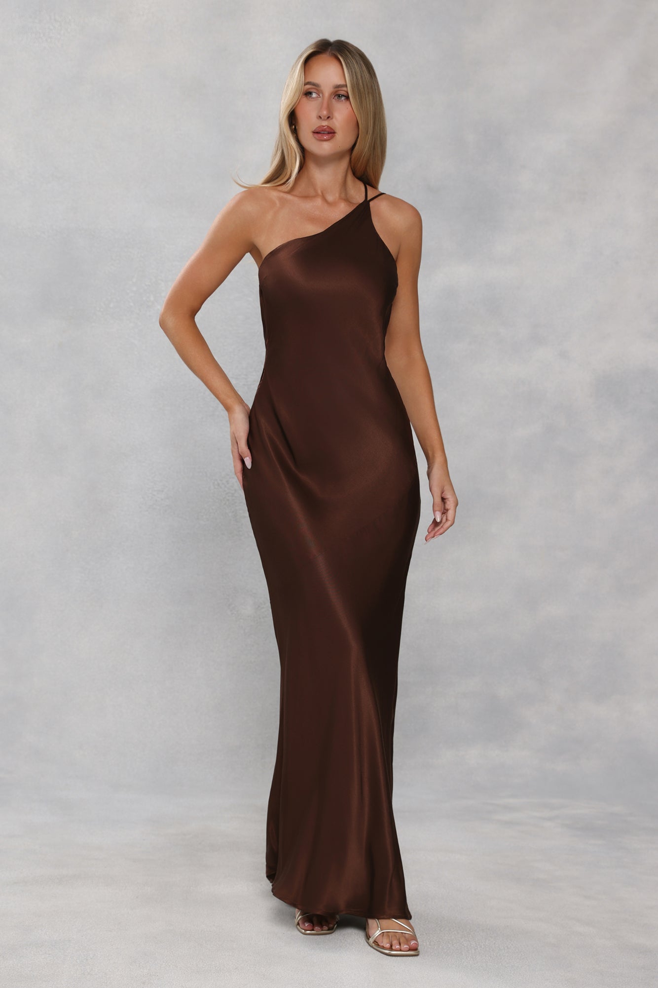 The Evangeline One Shoulder Satin Maxi Dress Chocolate Brown