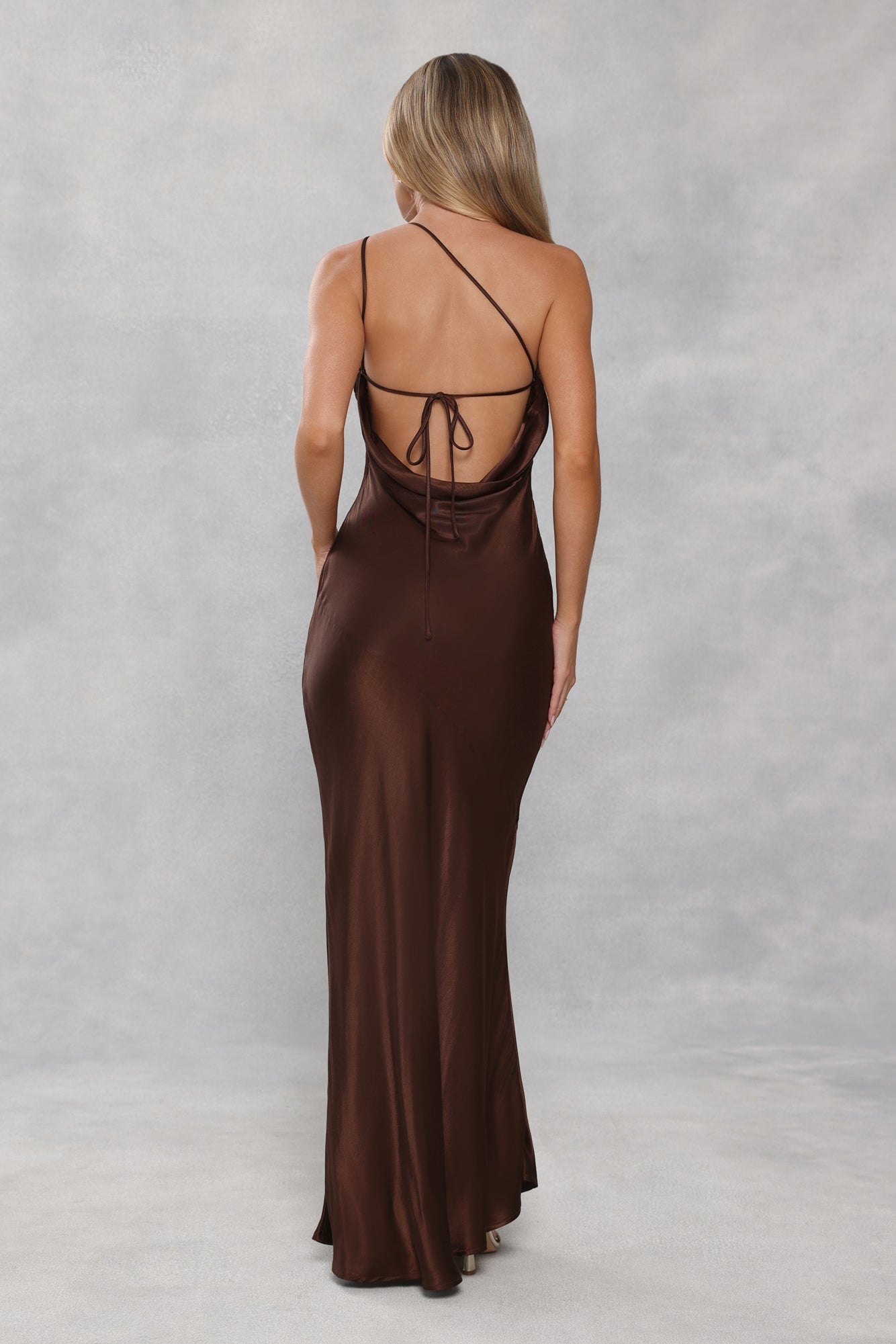 The Evangeline One Shoulder Satin Maxi Dress Chocolate Brown