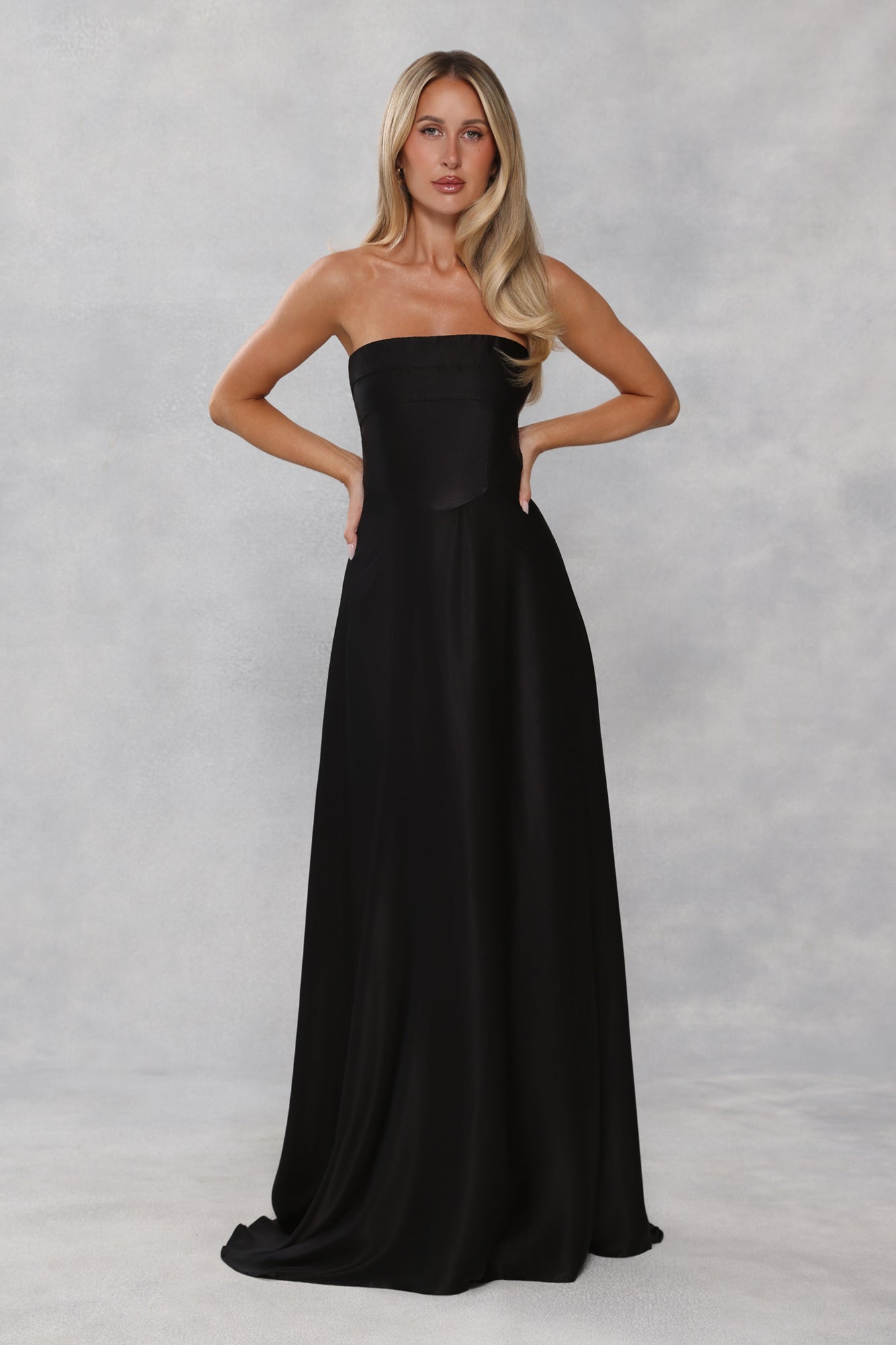 The Serina Strapless Satin Maxi Dress Black