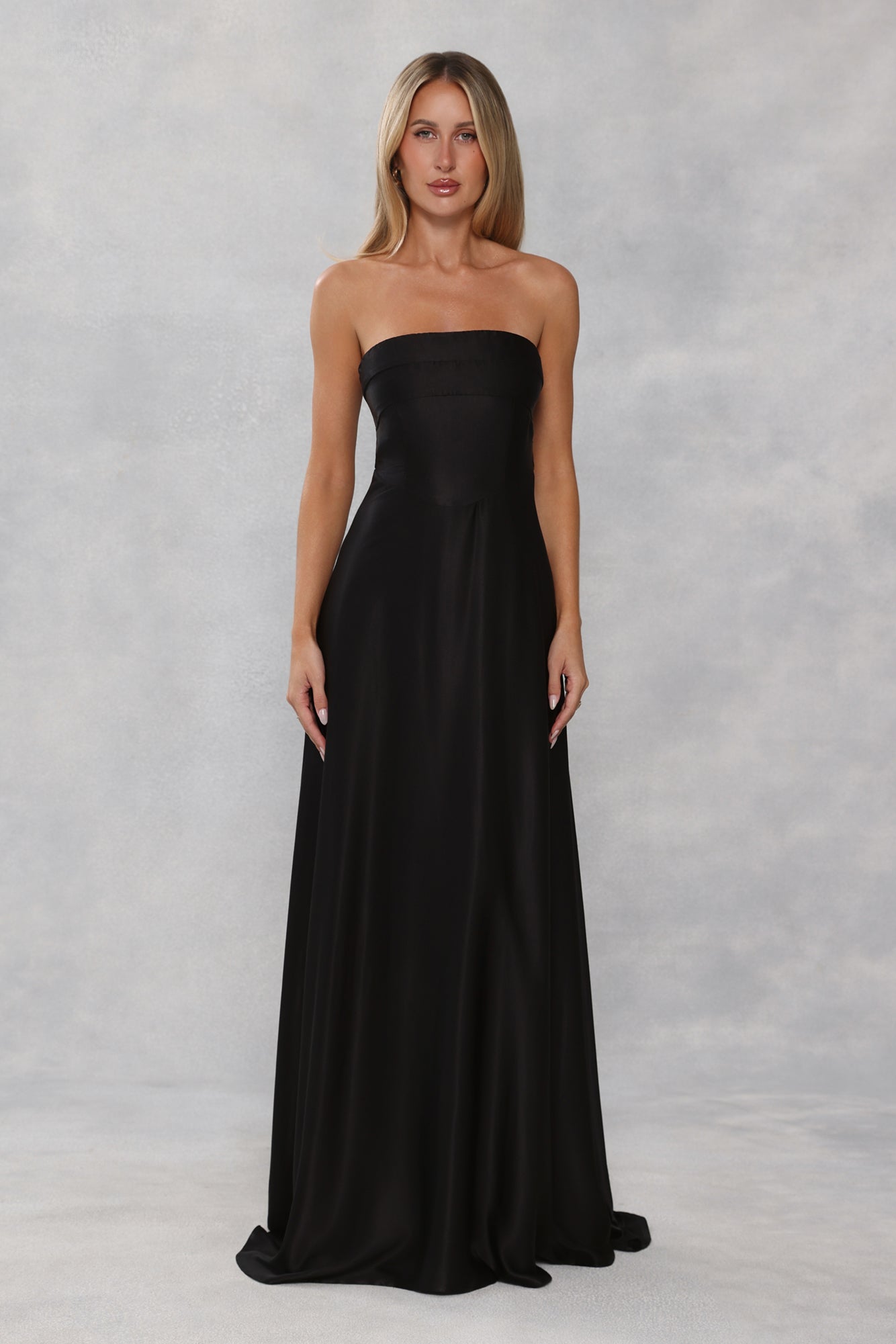 The Serina Strapless Satin Maxi Dress Black
