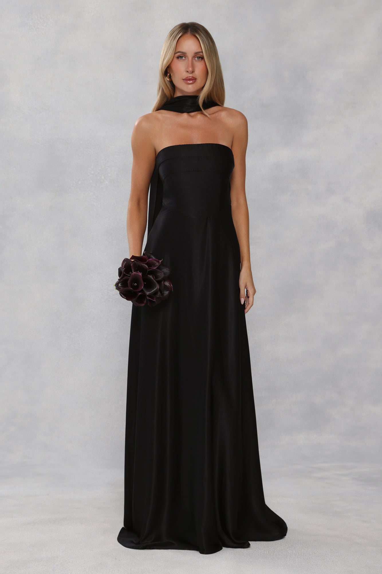 The Serina Strapless Satin Maxi Dress Black