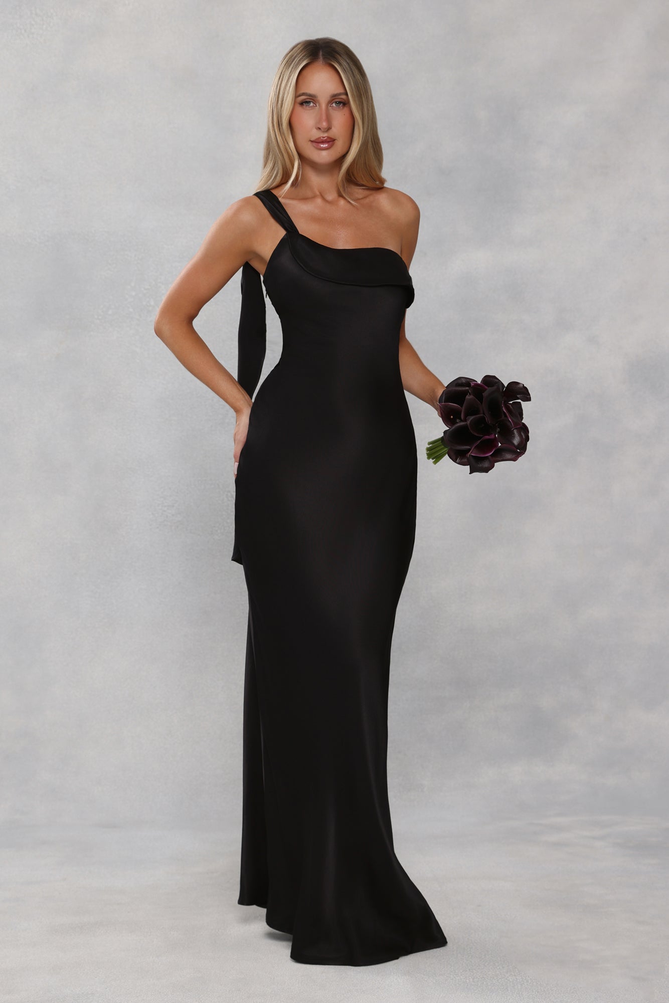The Zafira One Shoulder Satin Maxi Dress Black