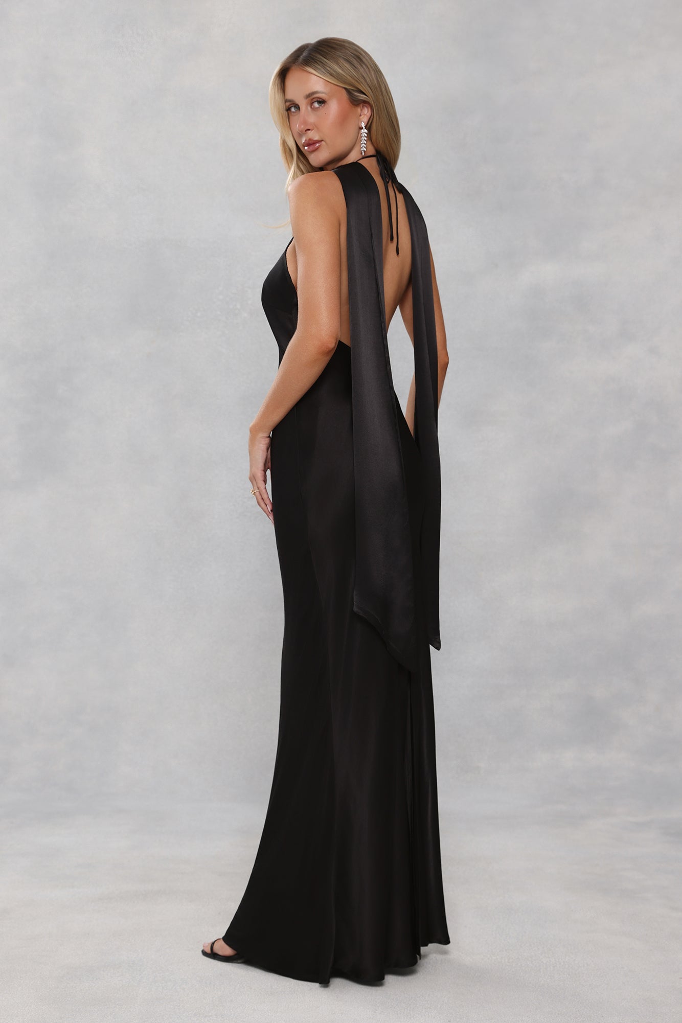 The Vivia Halter Satin Maxi Dress Black