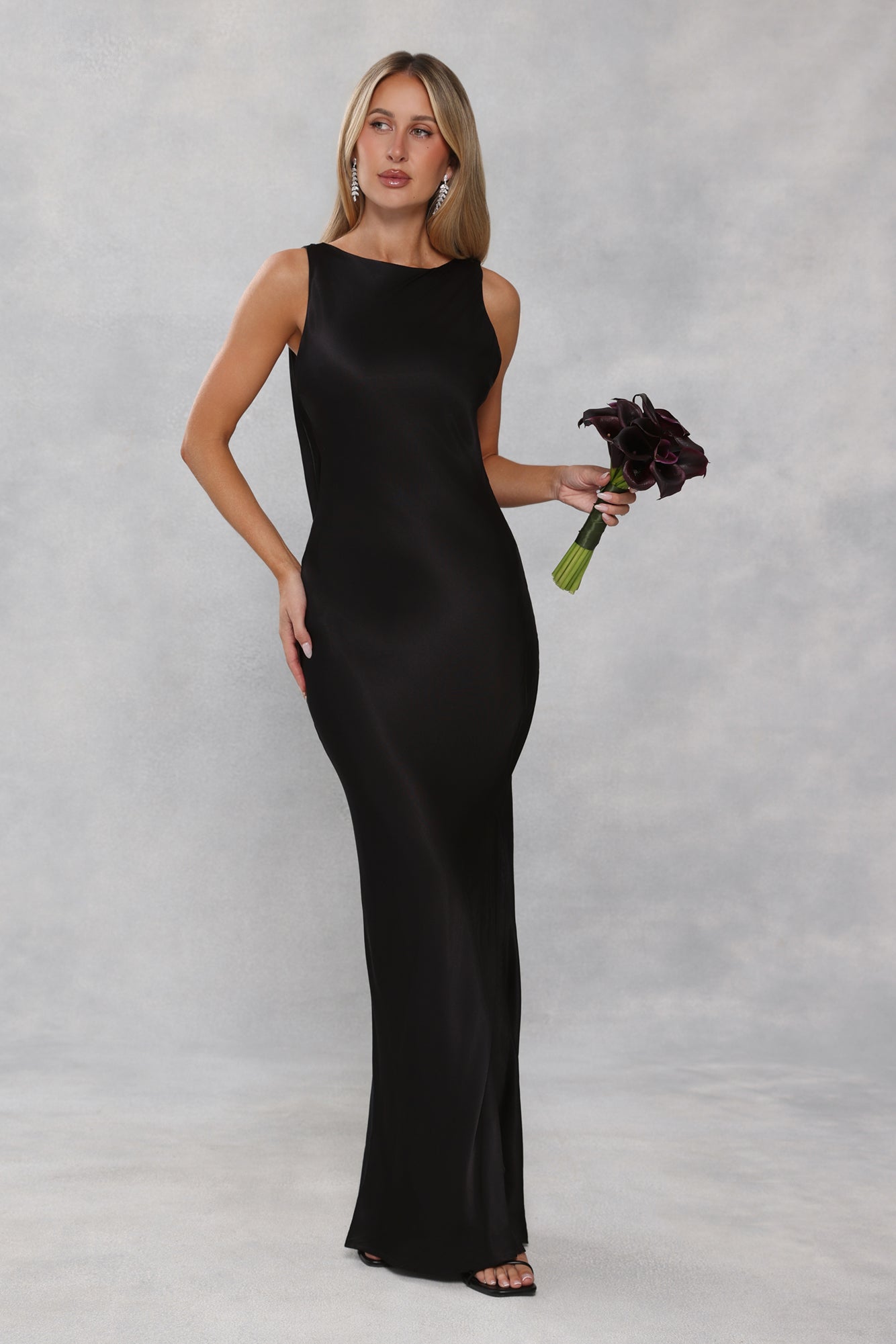 The Blaire Backless Satin Maxi Dress Black