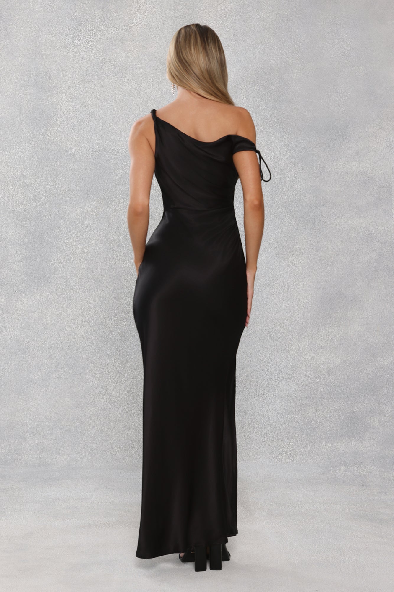 The Clover Off Shoulder Satin Maxi Dress Black
