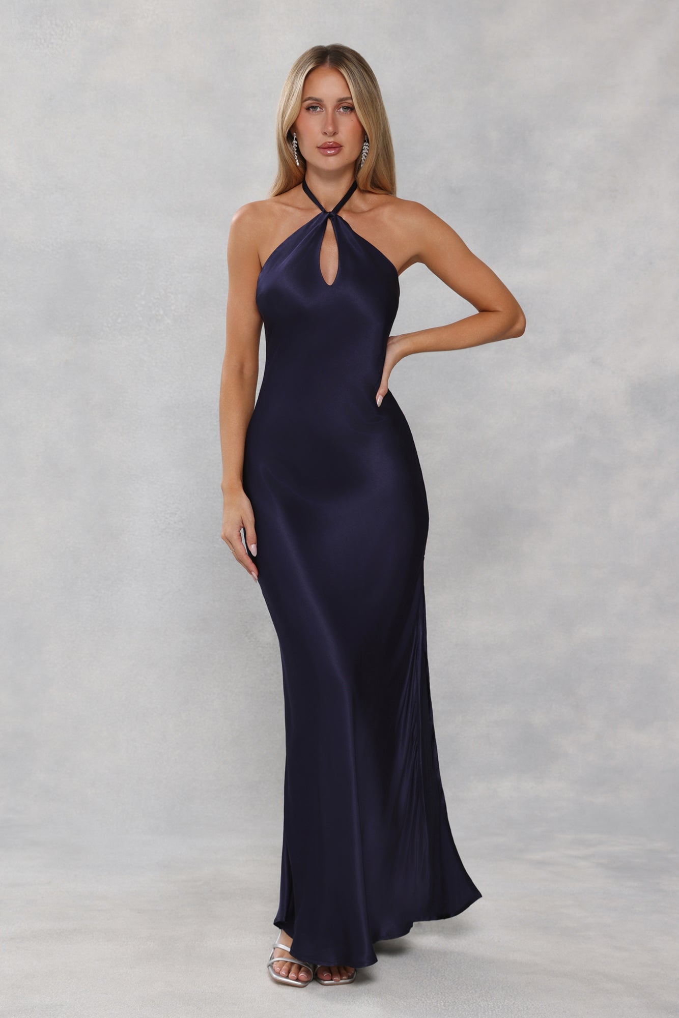 The Delilah Satin Halter Maxi Dress Navy