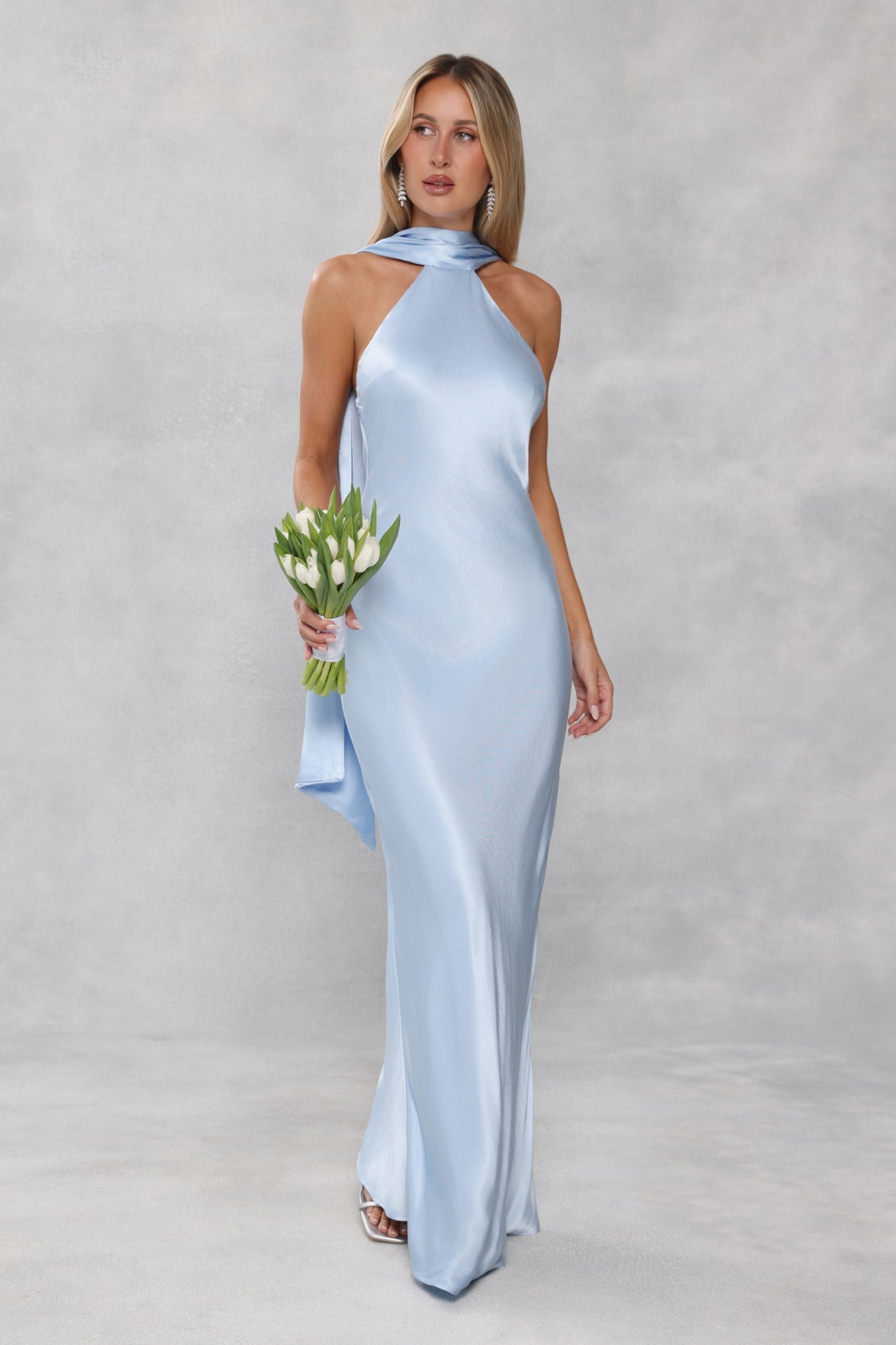 The Vivia Halter Satin Maxi Dress Light Blue
