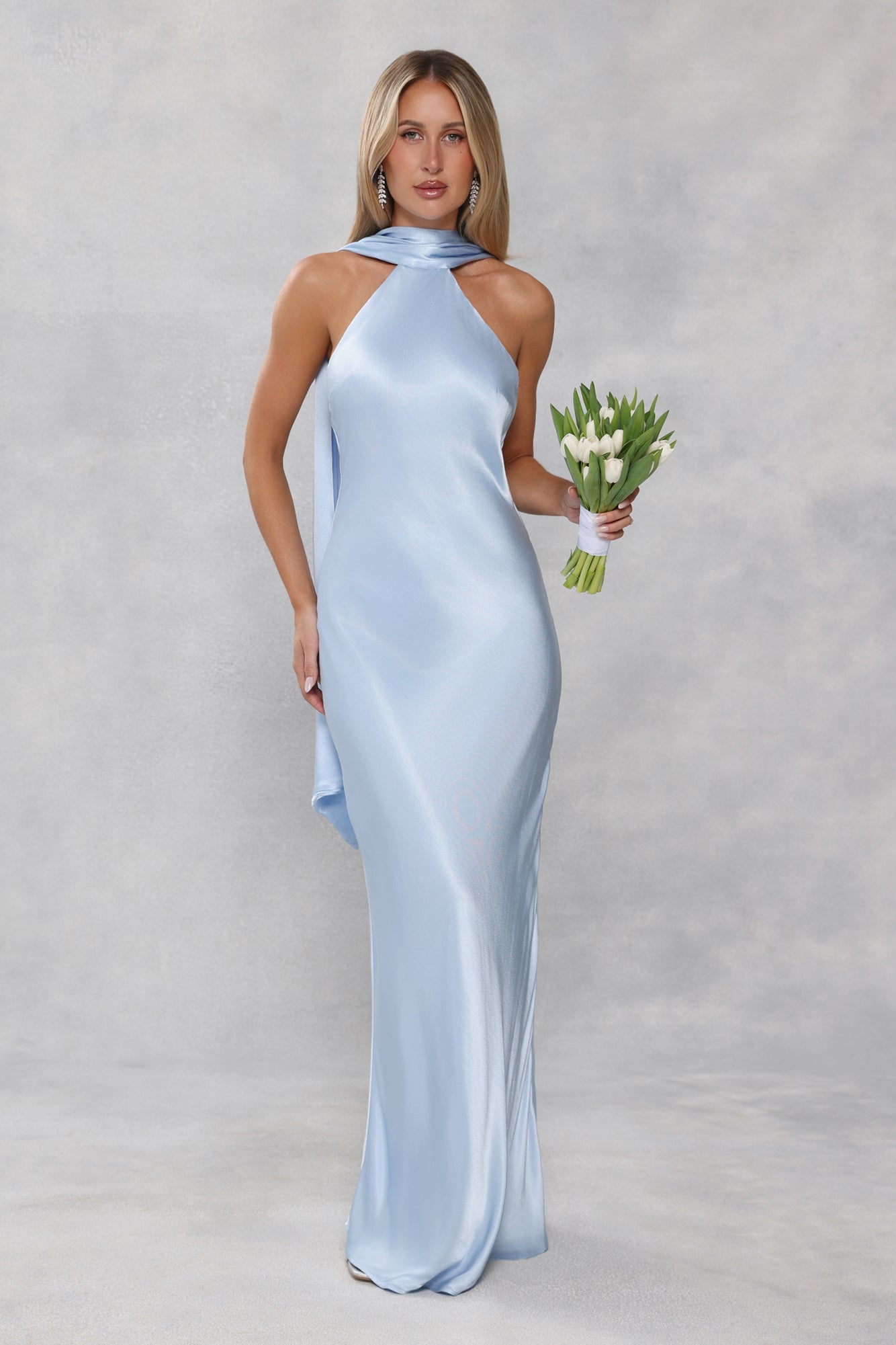 The Vivia Halter Satin Maxi Dress Light Blue