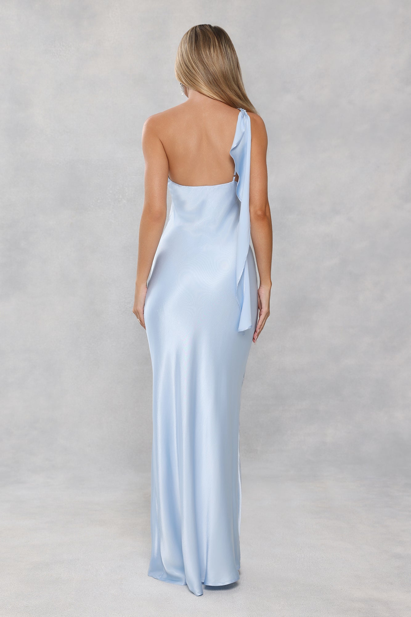 The Zafira One Shoulder Satin Maxi Dress Light Blue