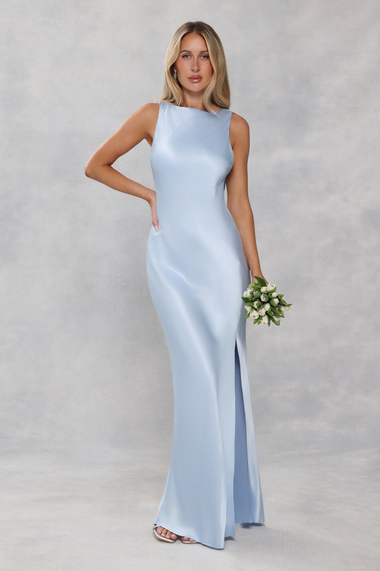 The Blaire Backless Satin Maxi Dress Light Blue