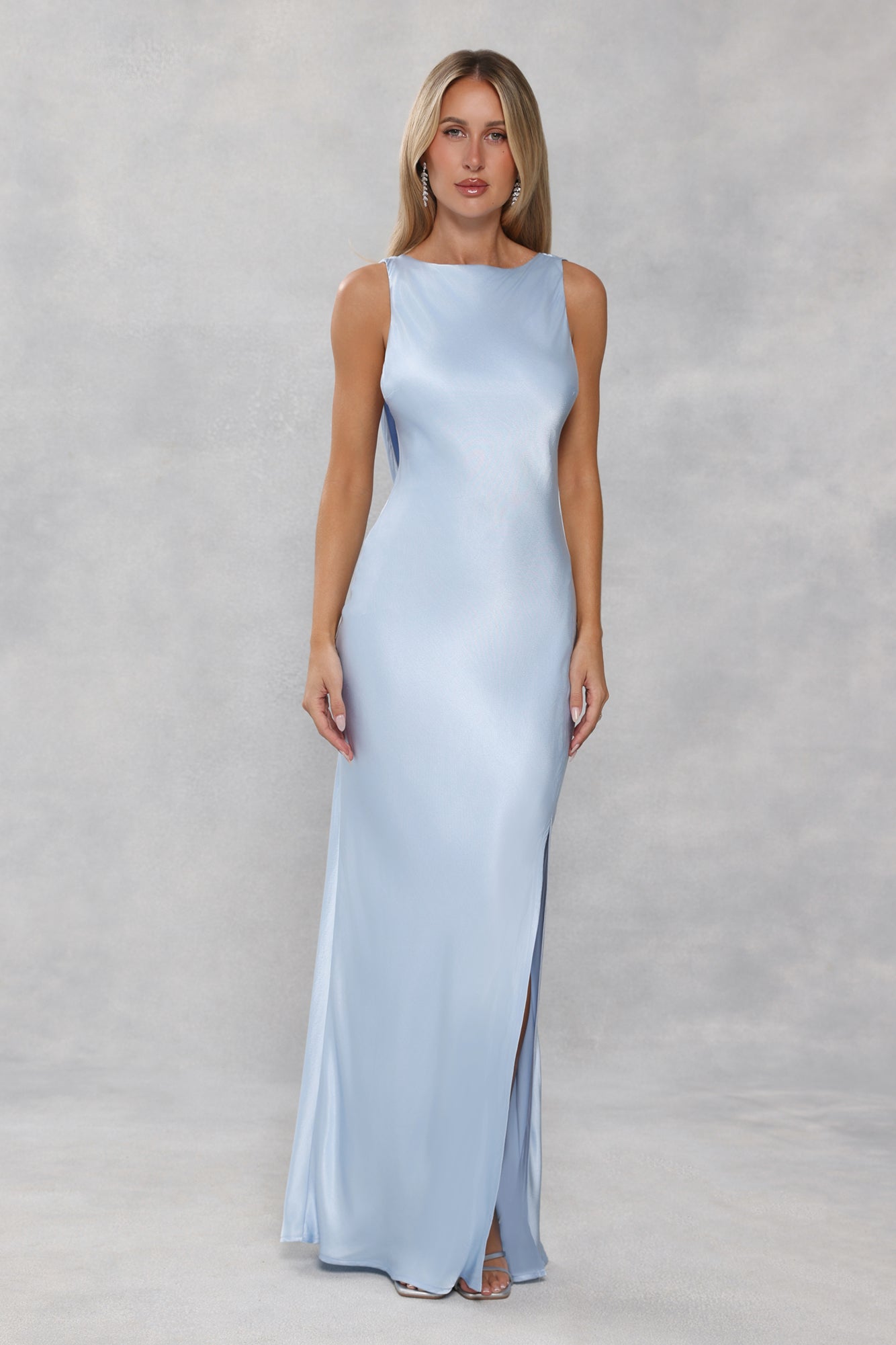 The Blaire Backless Satin Maxi Dress Light Blue
