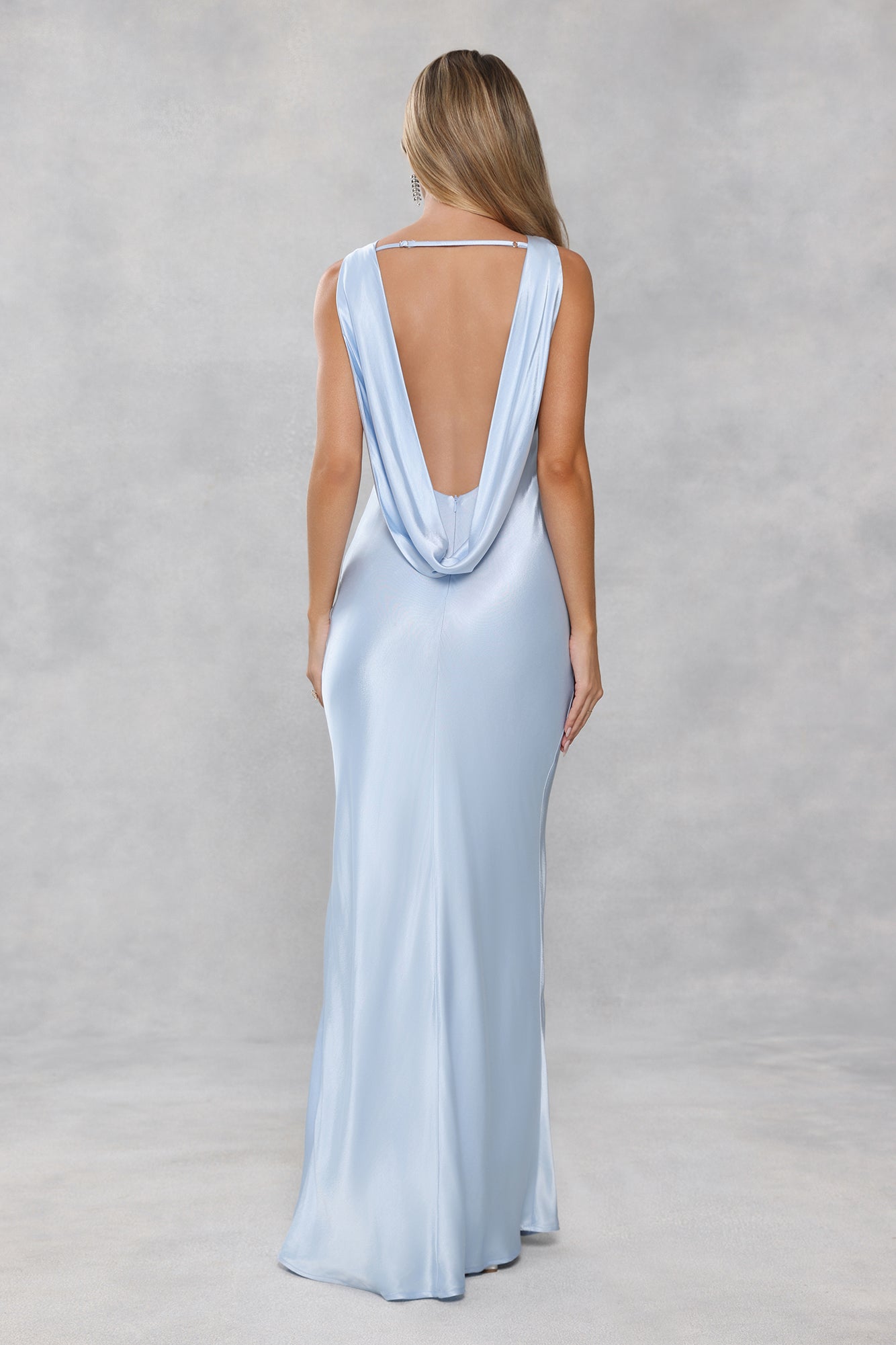 The Blaire Backless Satin Maxi Dress Light Blue