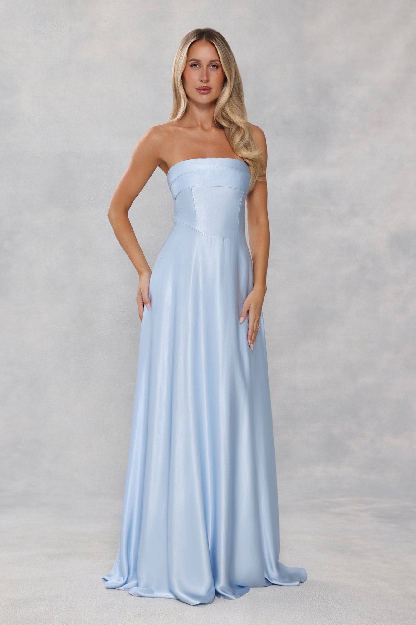 The Serina Strapless Satin Maxi Dress Light Blue