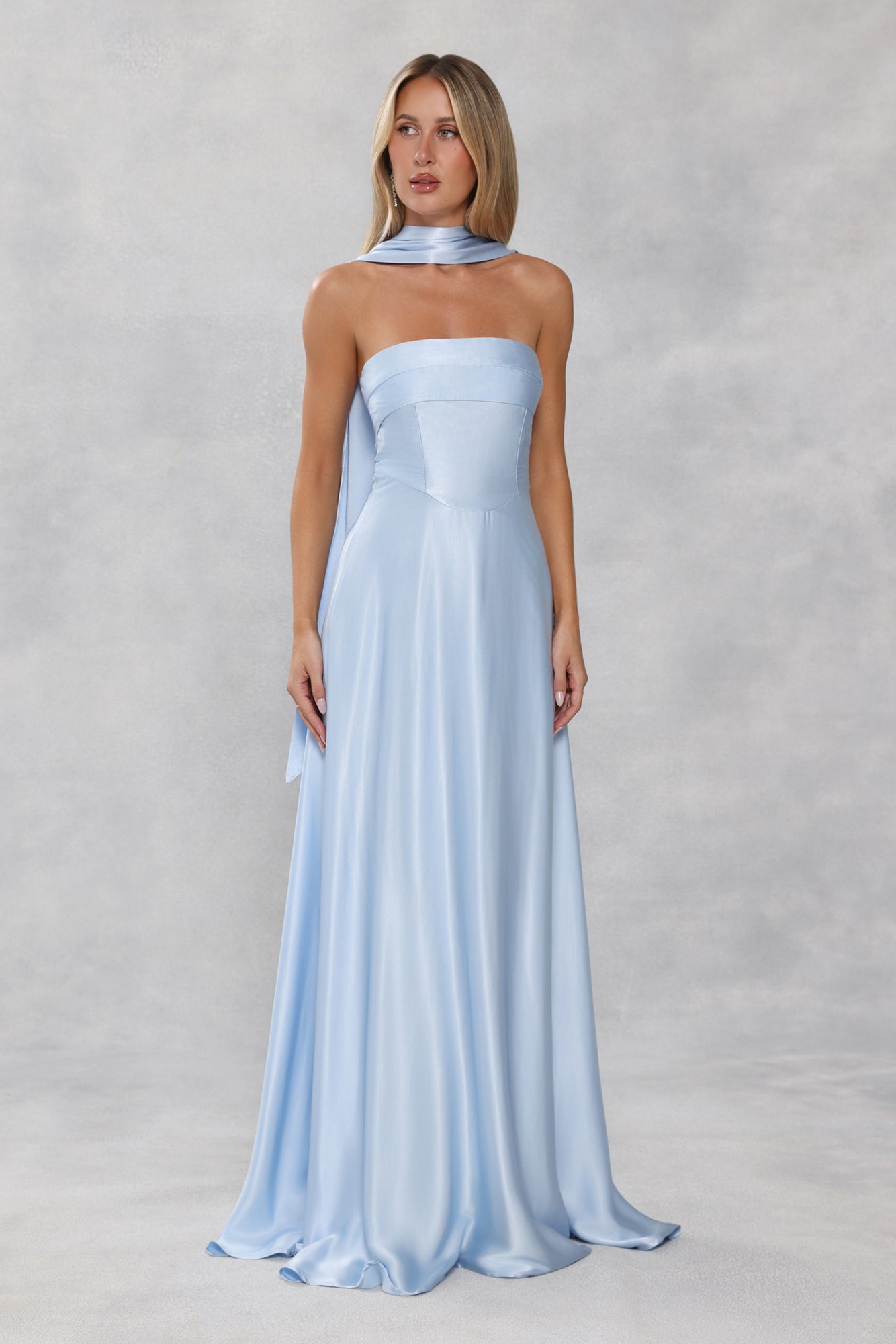 The Serina Strapless Satin Maxi Dress Light Blue
