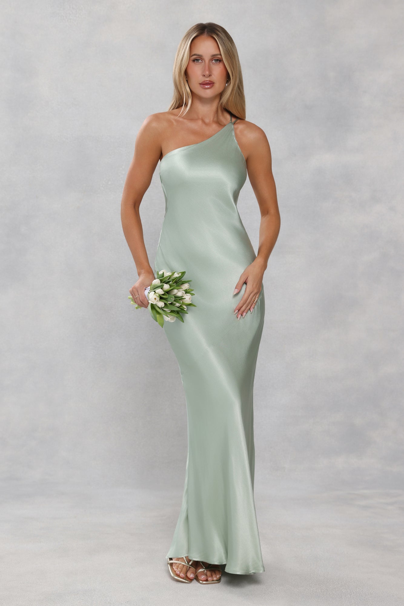 The Evangeline One Shoulder Satin Maxi Dress Sage Green