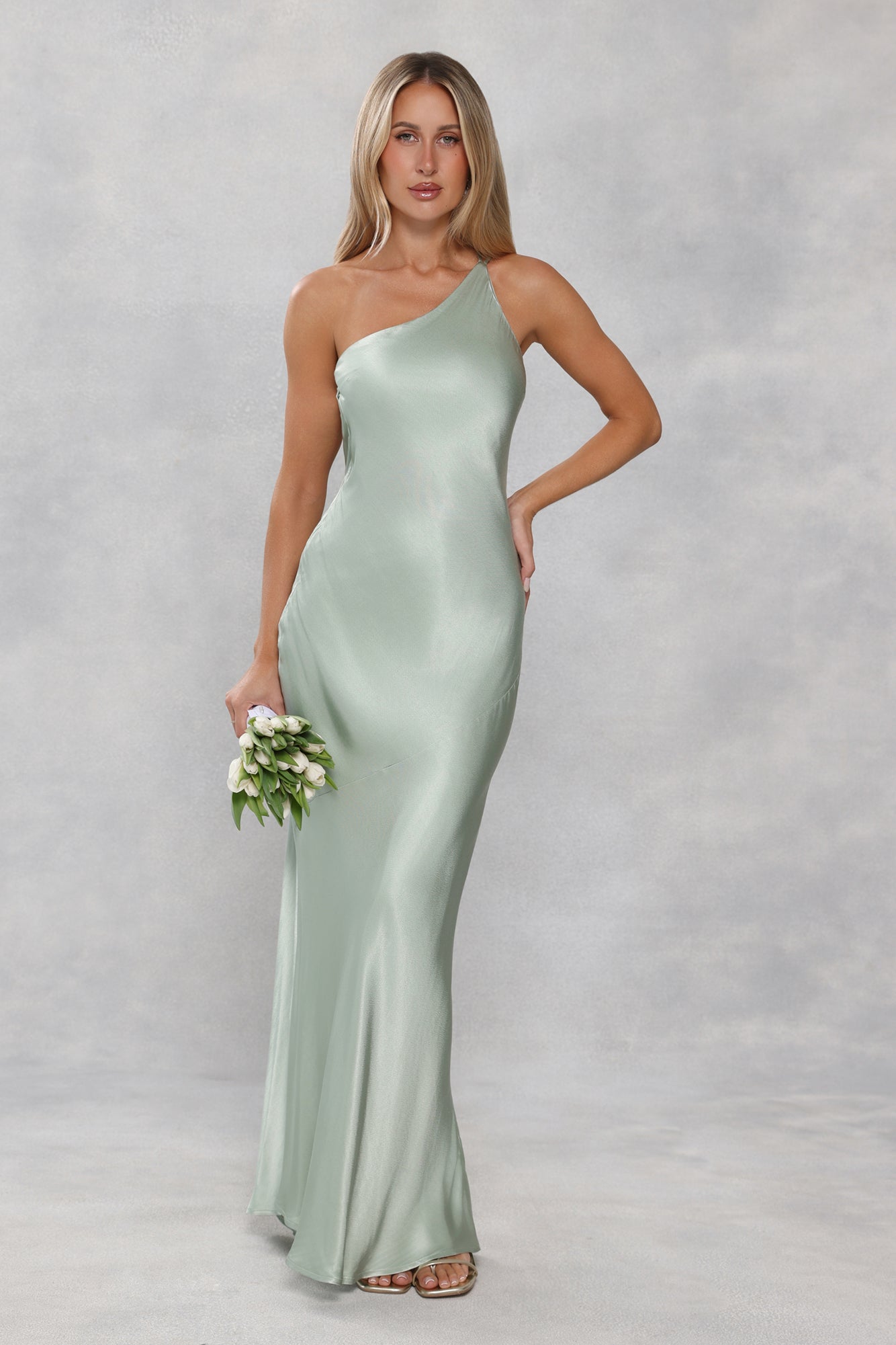 The Evangeline One Shoulder Satin Maxi Dress Sage Green