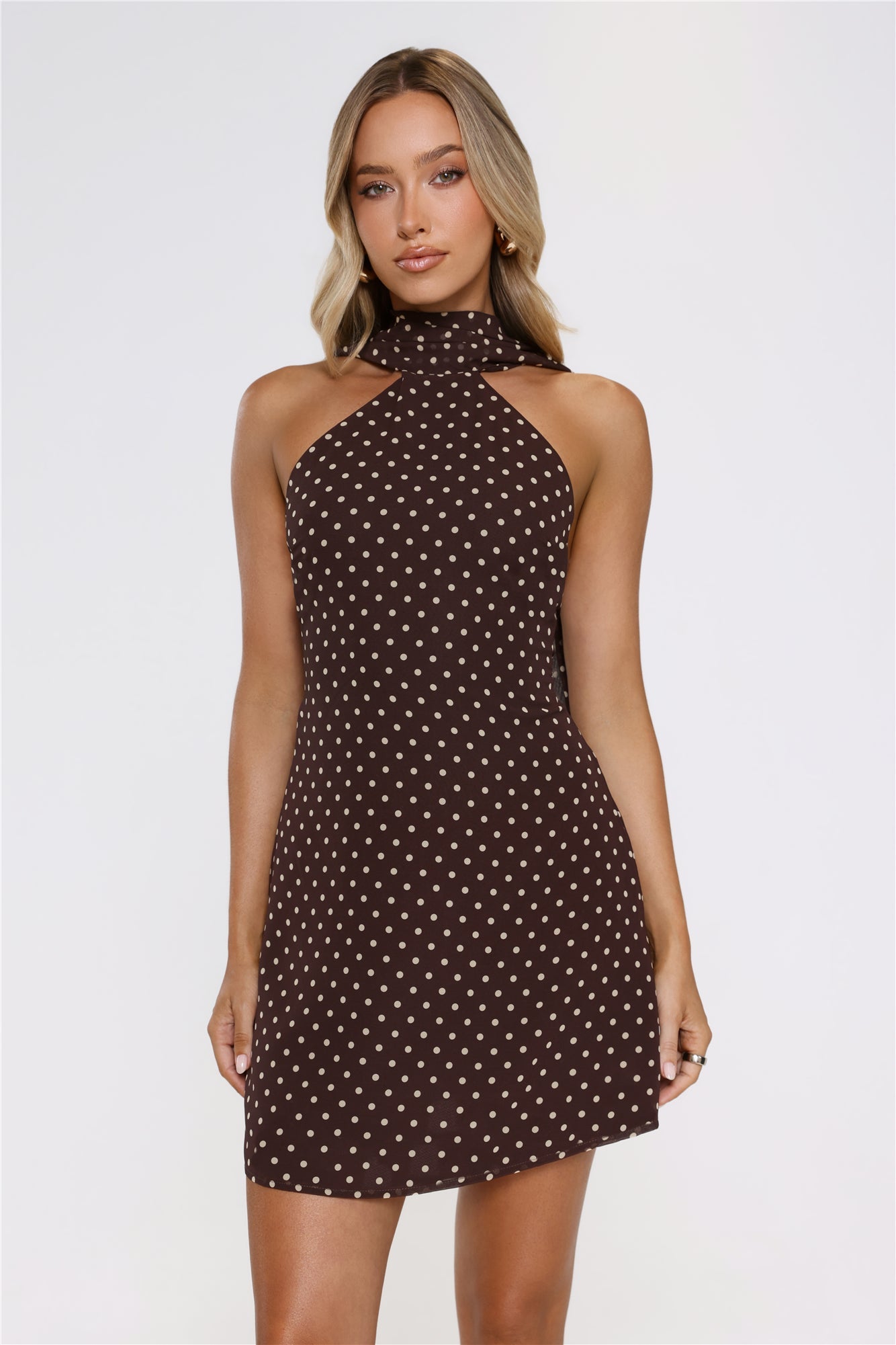 Chic Babe Polka Dot Halter Mini Dress Brown