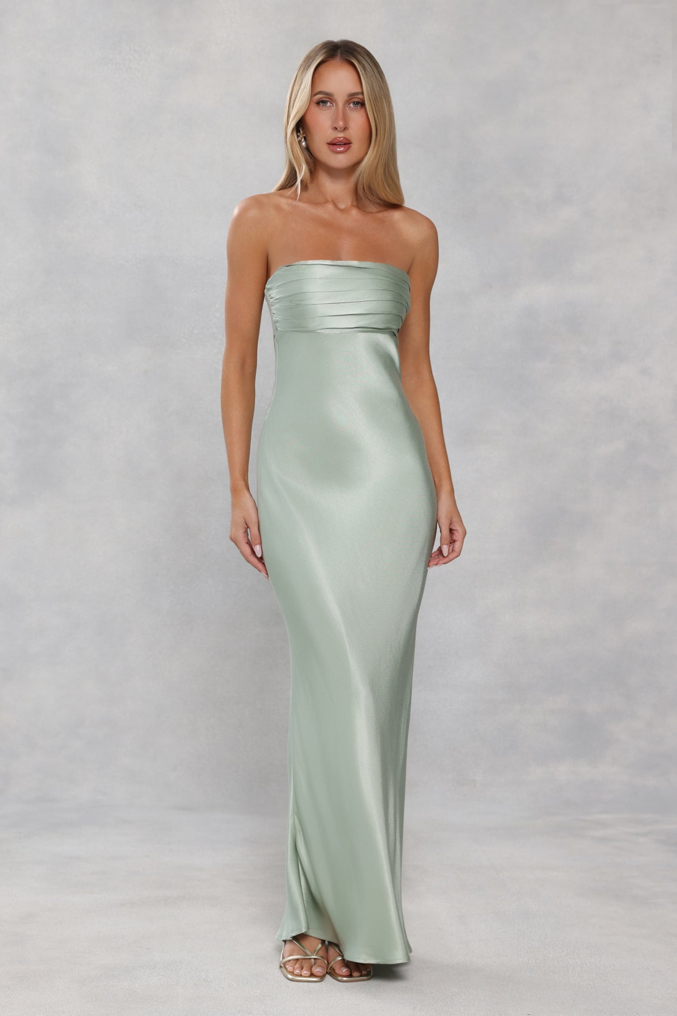 The Seraphina Strapless Satin Maxi Dress Sage Green