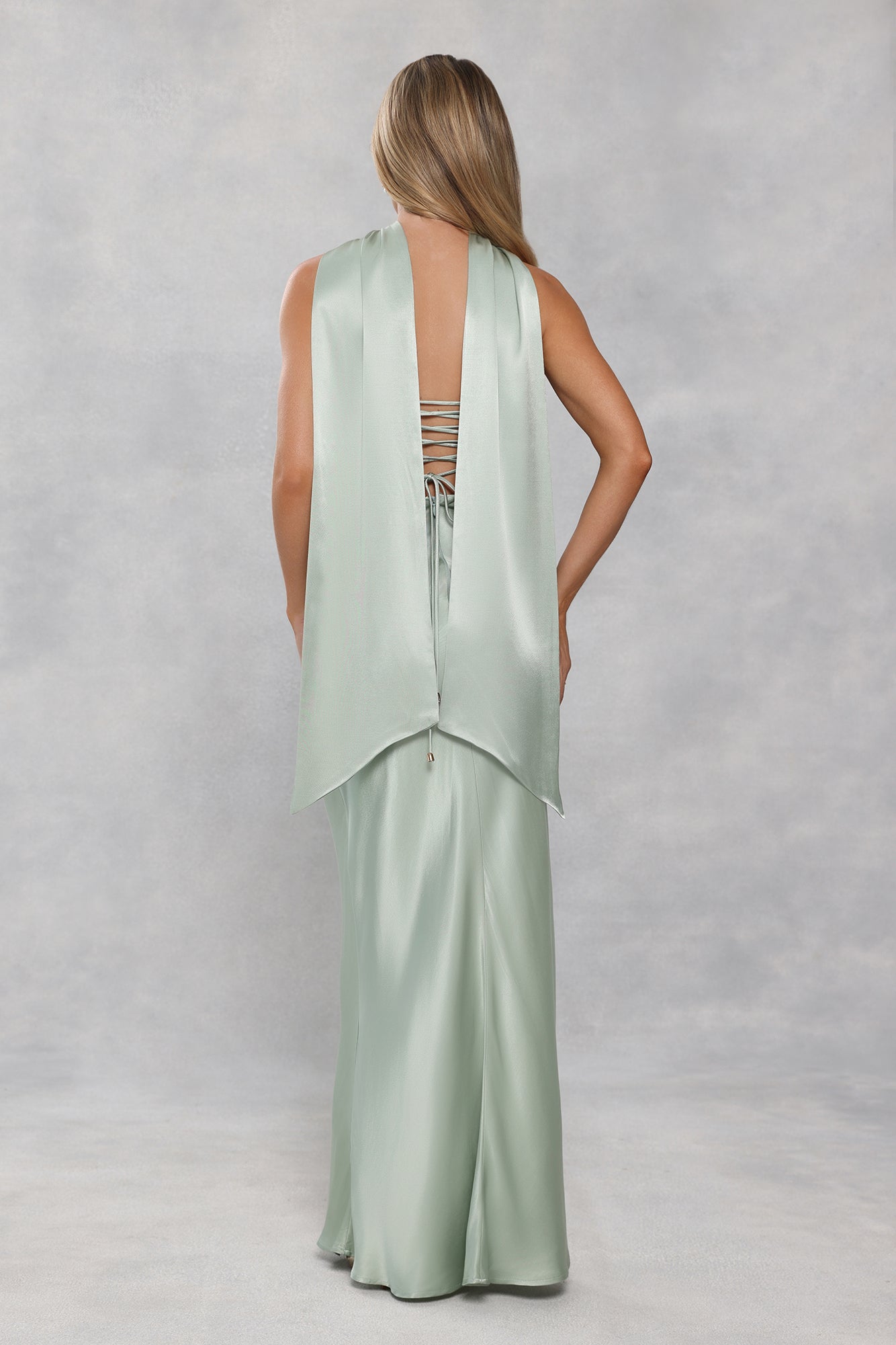 The Seraphina Strapless Satin Maxi Dress Sage Green
